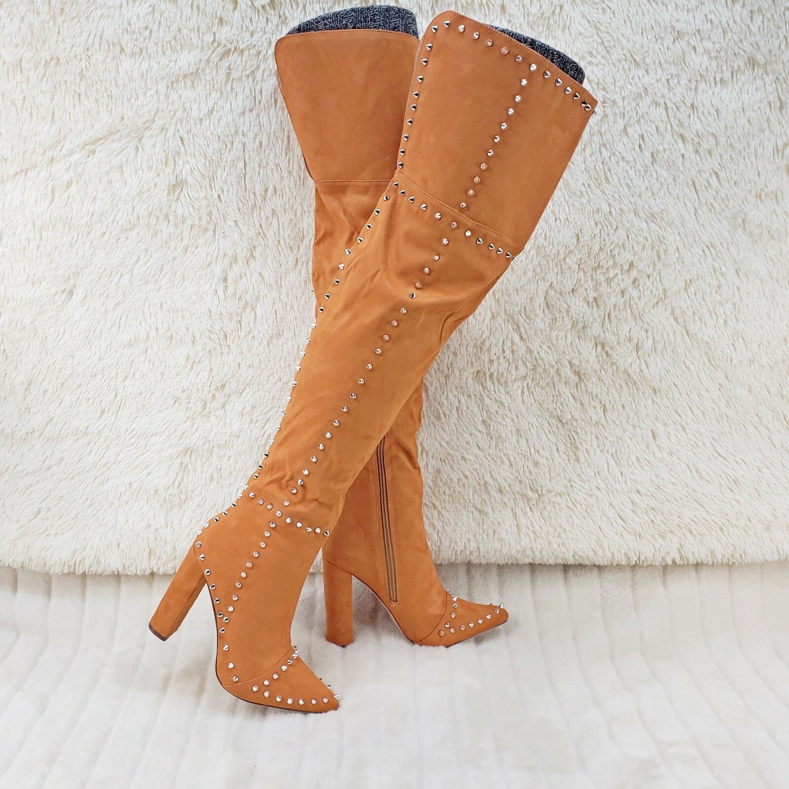 Other Steph Tan Camel Faux Suede Silver Tone Studded Thigh High Ch Size US 7.5 / IT 37.5 - 1 Thumbnail