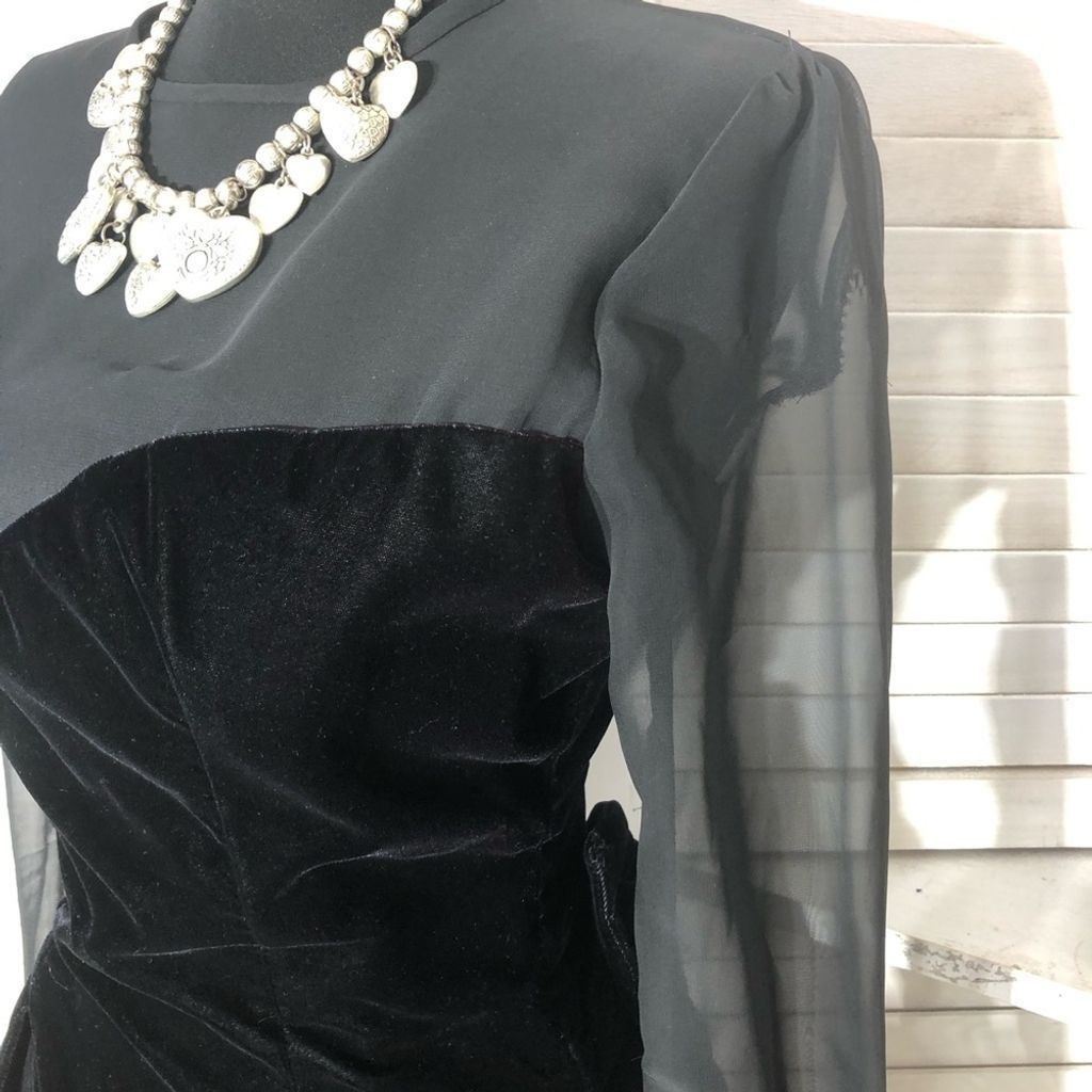 Vintage 90s black velvet sheer sleeves cocktail dress nude style XS Size XS / US 0-2 / IT 36-38 - 6 Thumbnail