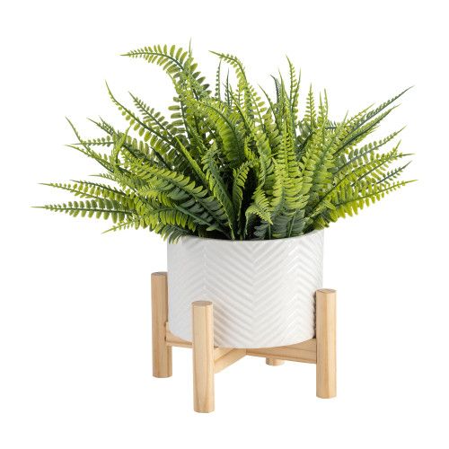 Designer × Homemade 6" CERAMIC CHEVRON PLANTER W/ WOOD STAND, WHITE Size US L / EU 52-54 / 3 - 6 Thumbnail