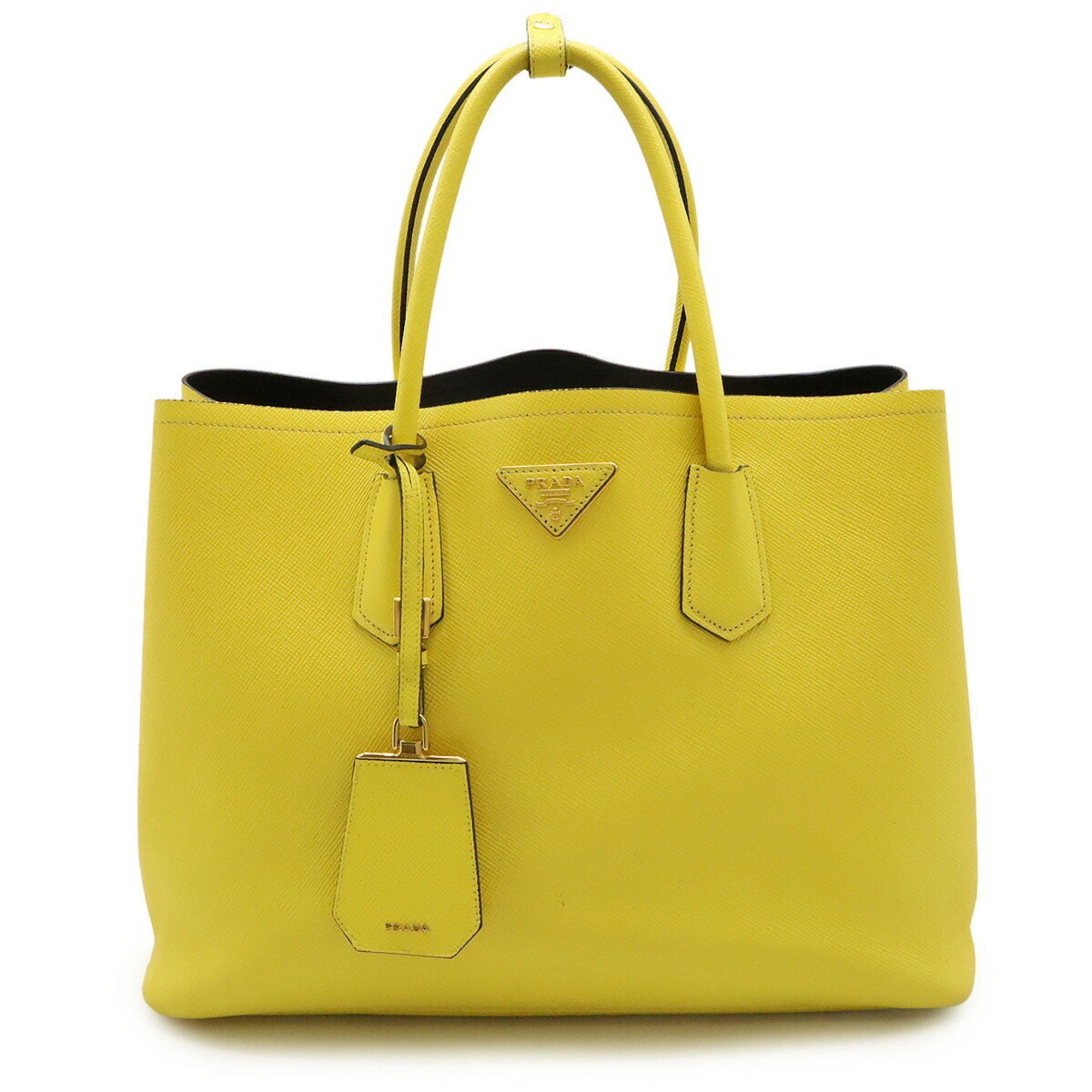 Prada Triangle Double Bag Tote Handbag Saffiano Leather Yellow BN2756