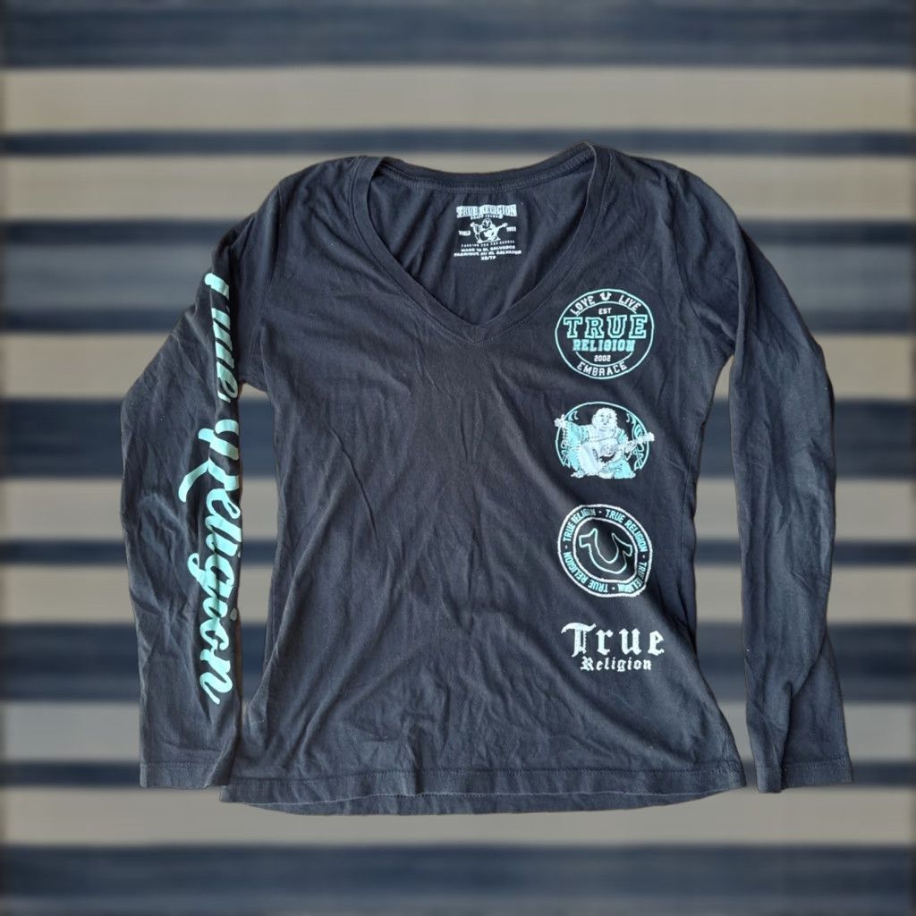 True Religion VINTAGE Y2K True Religion Buddha Long Sleeve Shirt Top Women’s XS Black Crew Neck Pullover Casual Knit Cotton Rhinestone Grunge Size XS / US 0-2 / IT 36-38 - 1 Thumbnail