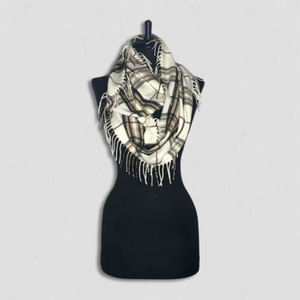 Van Heusen Fringe Scarf Infinity Style Plaid Pattern Cream/Beige OS Size ONE SIZE - 1 Thumbnail