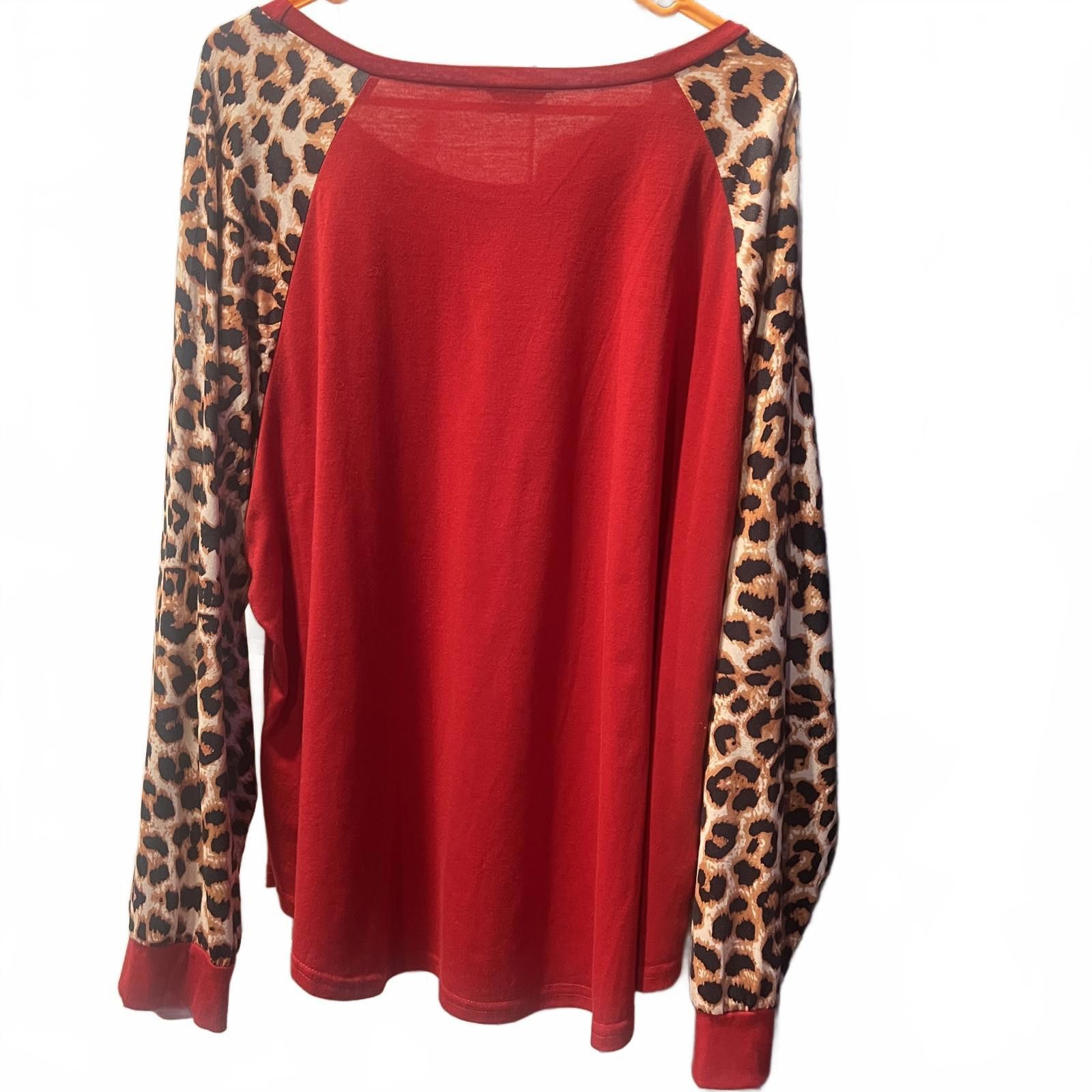 Shein SHEIN Curve Red Long Sleeve Top with Leopard Print Sleeves, Size 4XL / US 24-26 - 2 Thumbnail