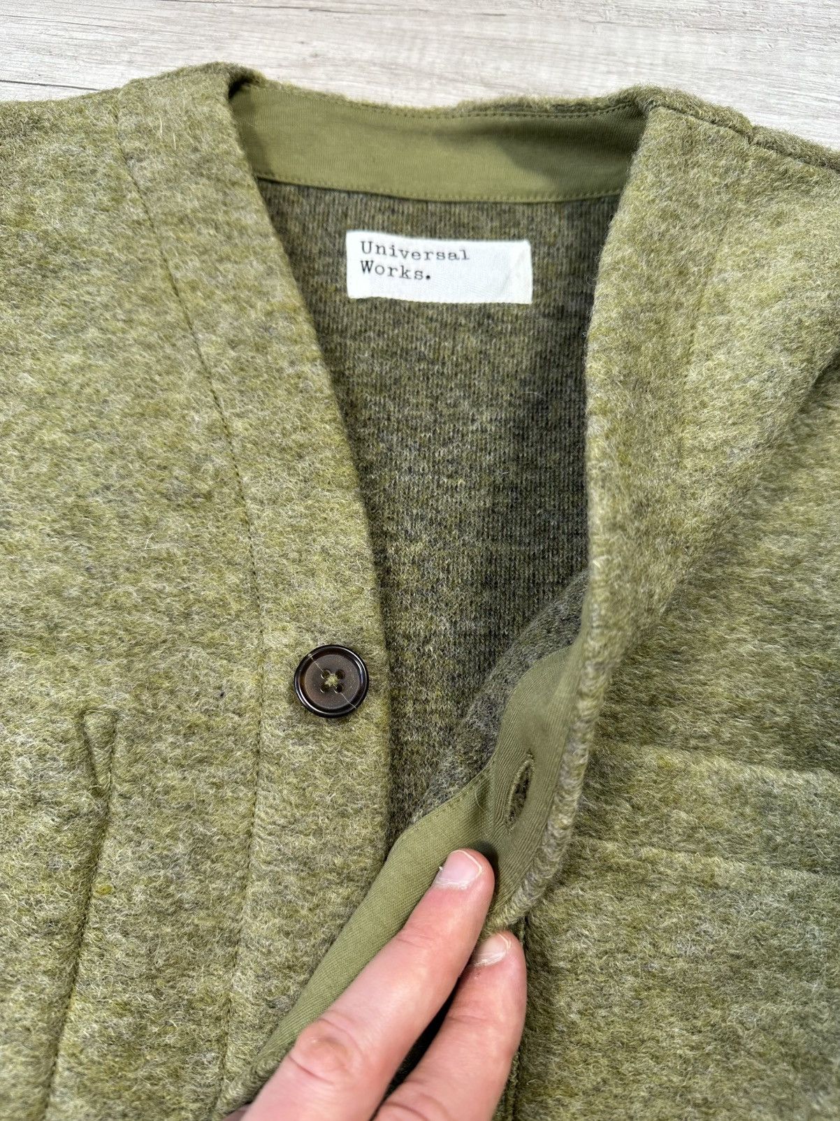 Universal Works Universal Works Cardigan Light Olive Wool Fleece Size US M / EU 48-50 / 2 - 9 Thumbnail
