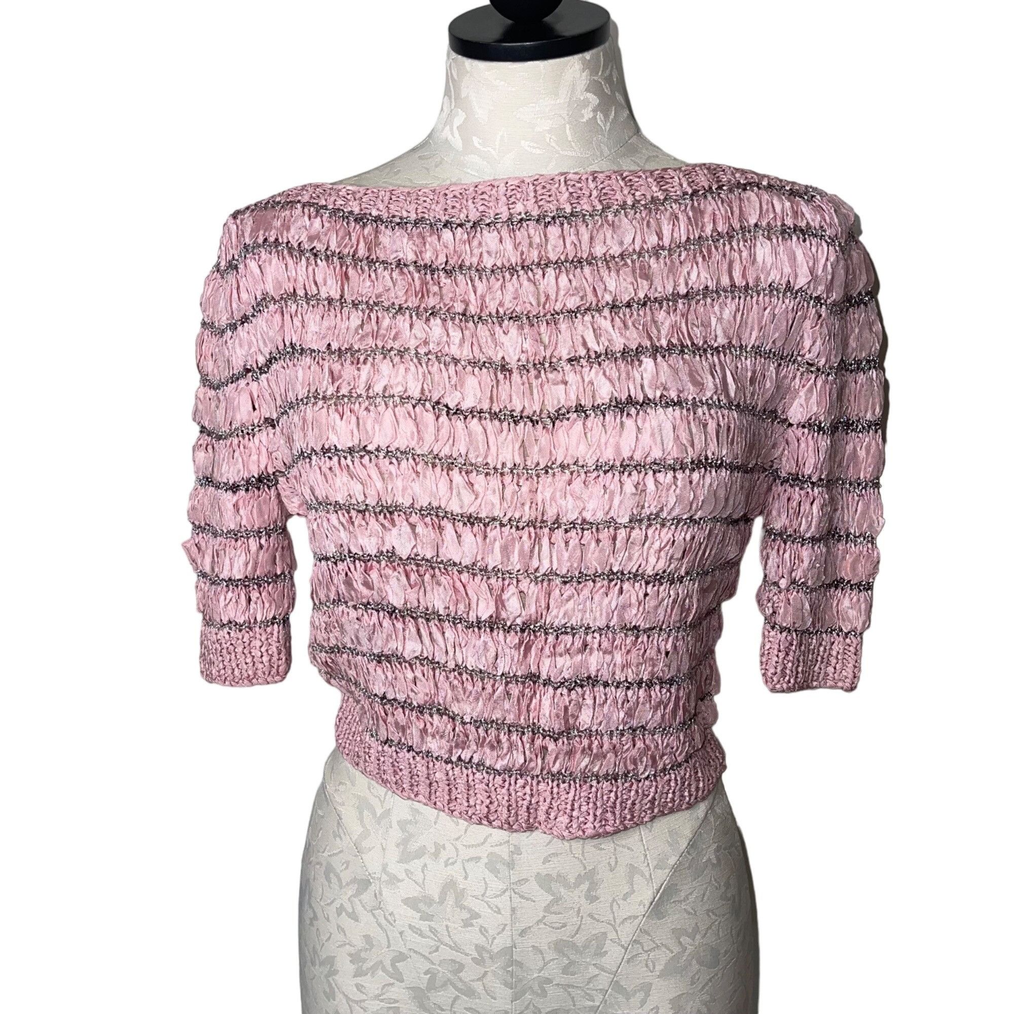 image of Vintage Womens Top Size Small Pink Woven Ribbon Knit