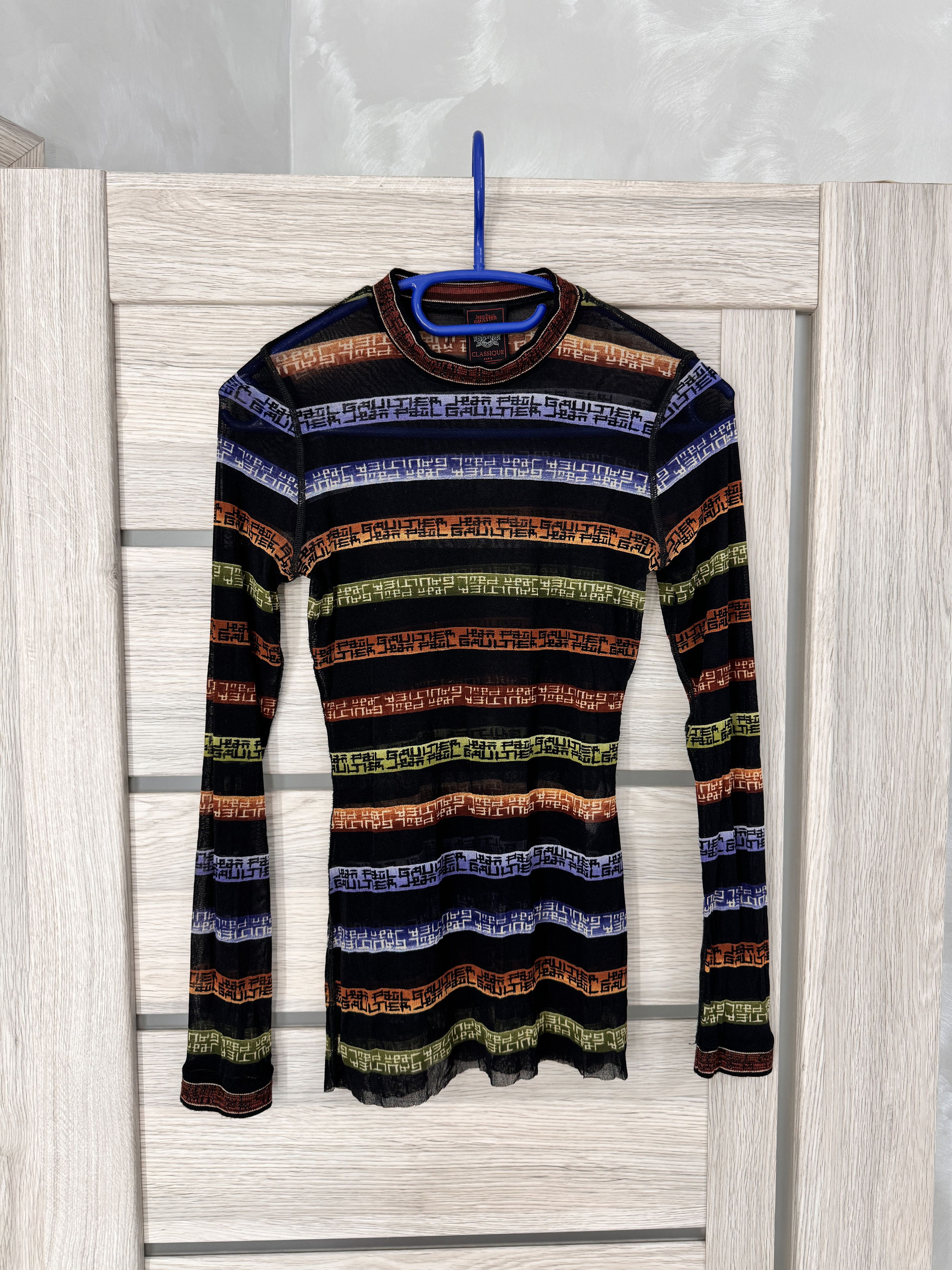 Jean Paul Gaultier × Vintage Vintage Jean Paul Gaultier Mesh Top LS Stripe Logo Print Size M / US 6-8 / IT 42-44 - 2 Thumbnail