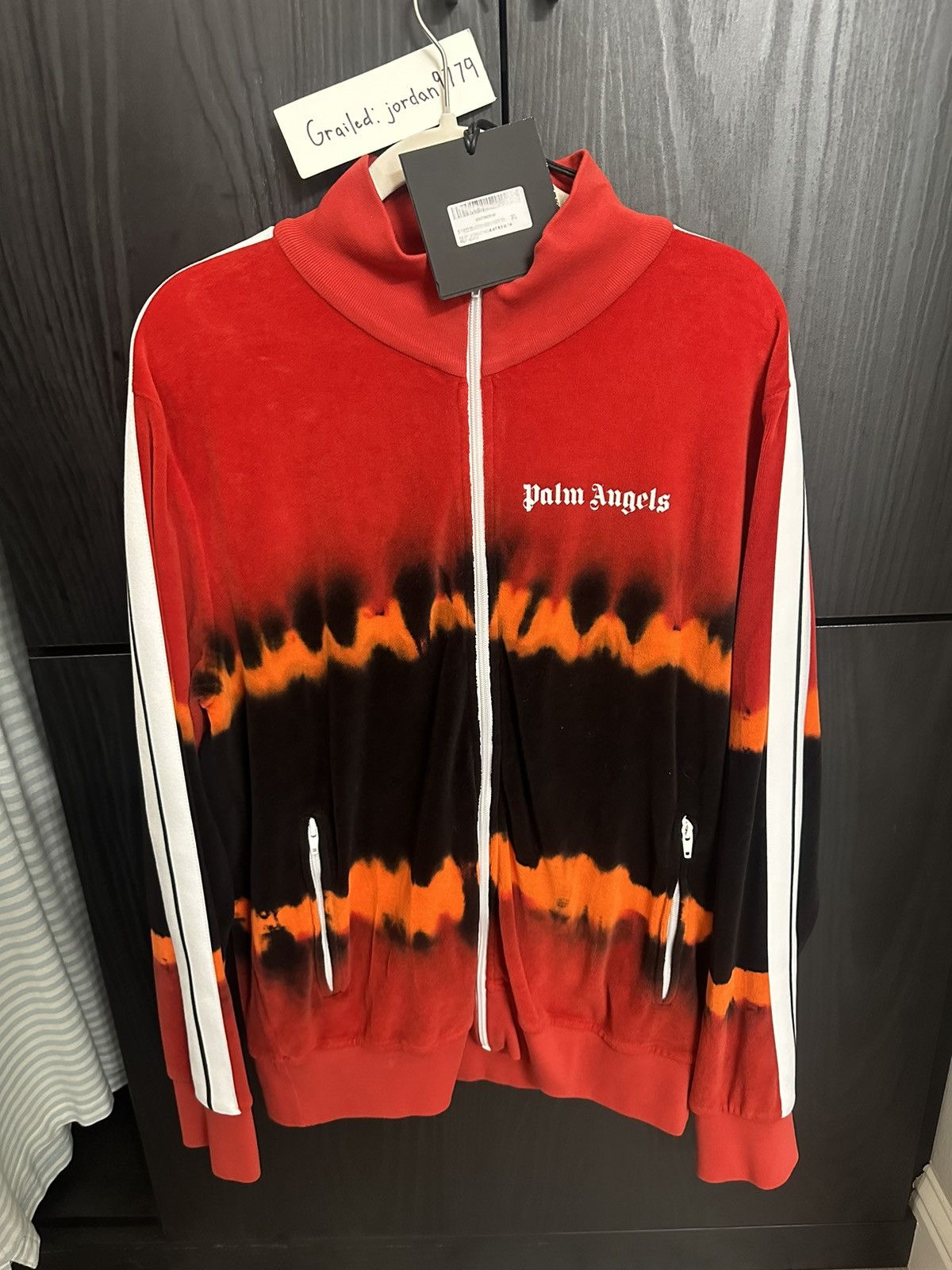 image of Palm Angels Chenille Track Jacket Red Tie Dye XL in Fiery Red, Men's