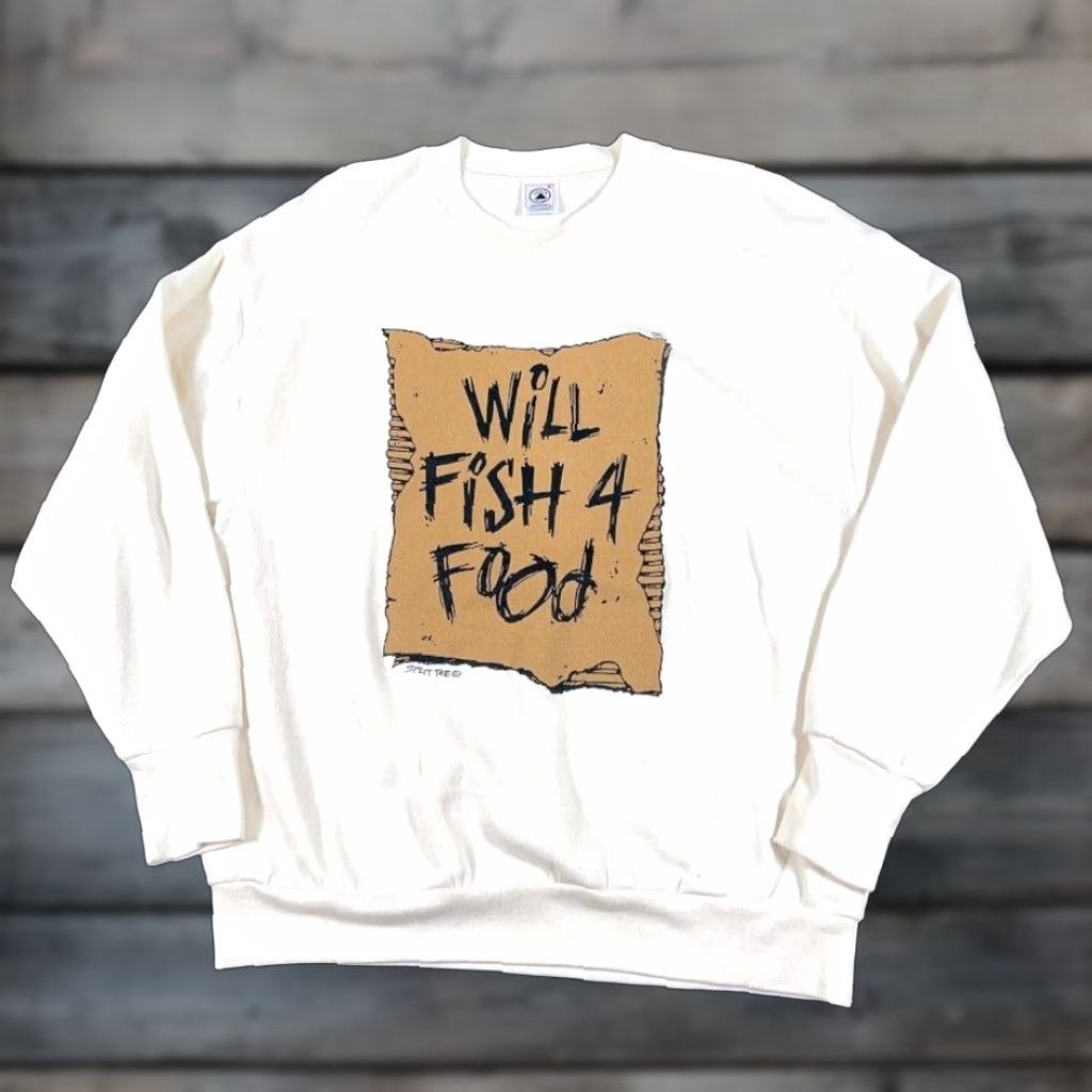 Delta VINTAGE Delta Sweatshirt Shirt Men XL Ivory "Will Fish for Food" 90s Humor Dad Graphic Print Pullover Crew Neck Size US XL / EU 56 / 4 - 1 Thumbnail