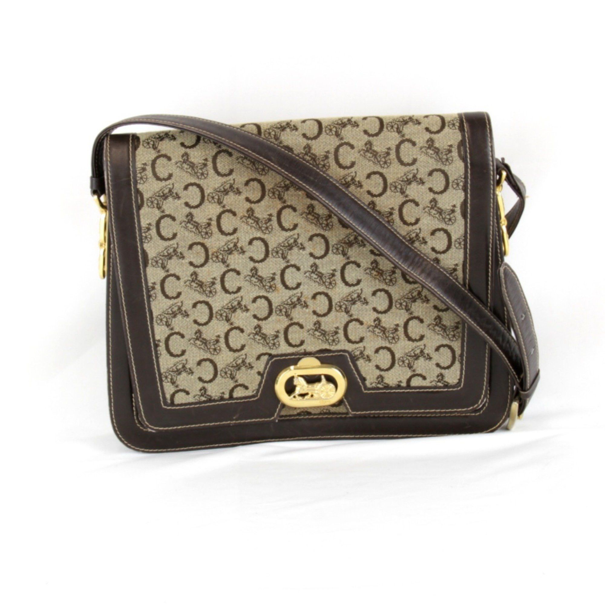 Celine C Macadam Carriage Hardware Shoulder Bag Canvas Leather Brown Women's