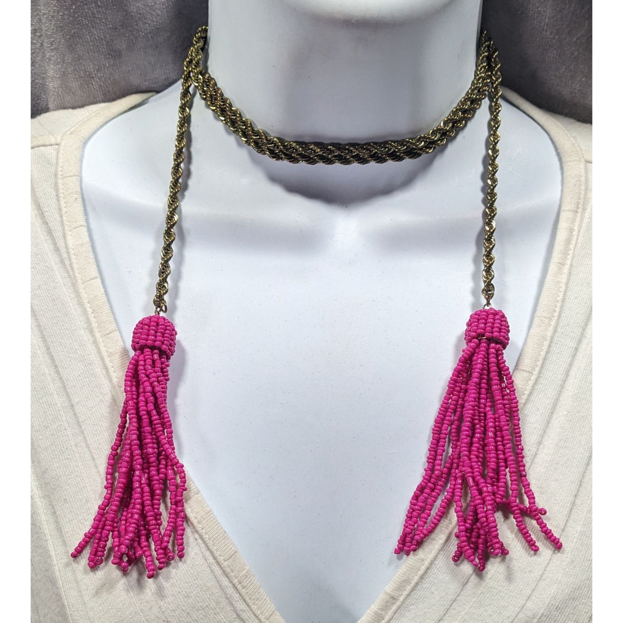 Other Pink Glass Beaded Fringe End Gold Tone Chain Wrap Necklace Size ONE SIZE - 6 Thumbnail