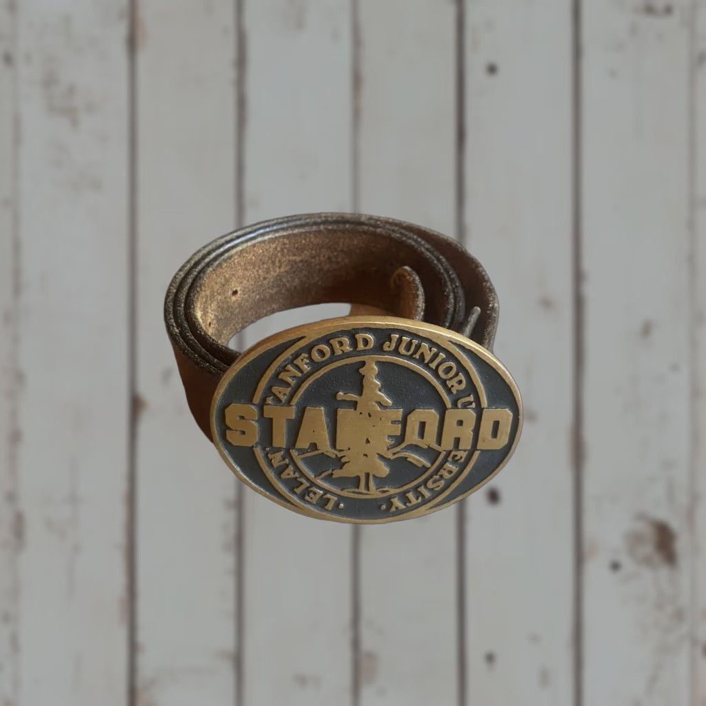 Vintage VINTAGE Stanford Solid Brass Belt Buckle Leather 37-39” Leland Stanford Junior University Bronze 1970s Collegiate Mens Womens Boys Girls Size ONE SIZE - 1 Thumbnail