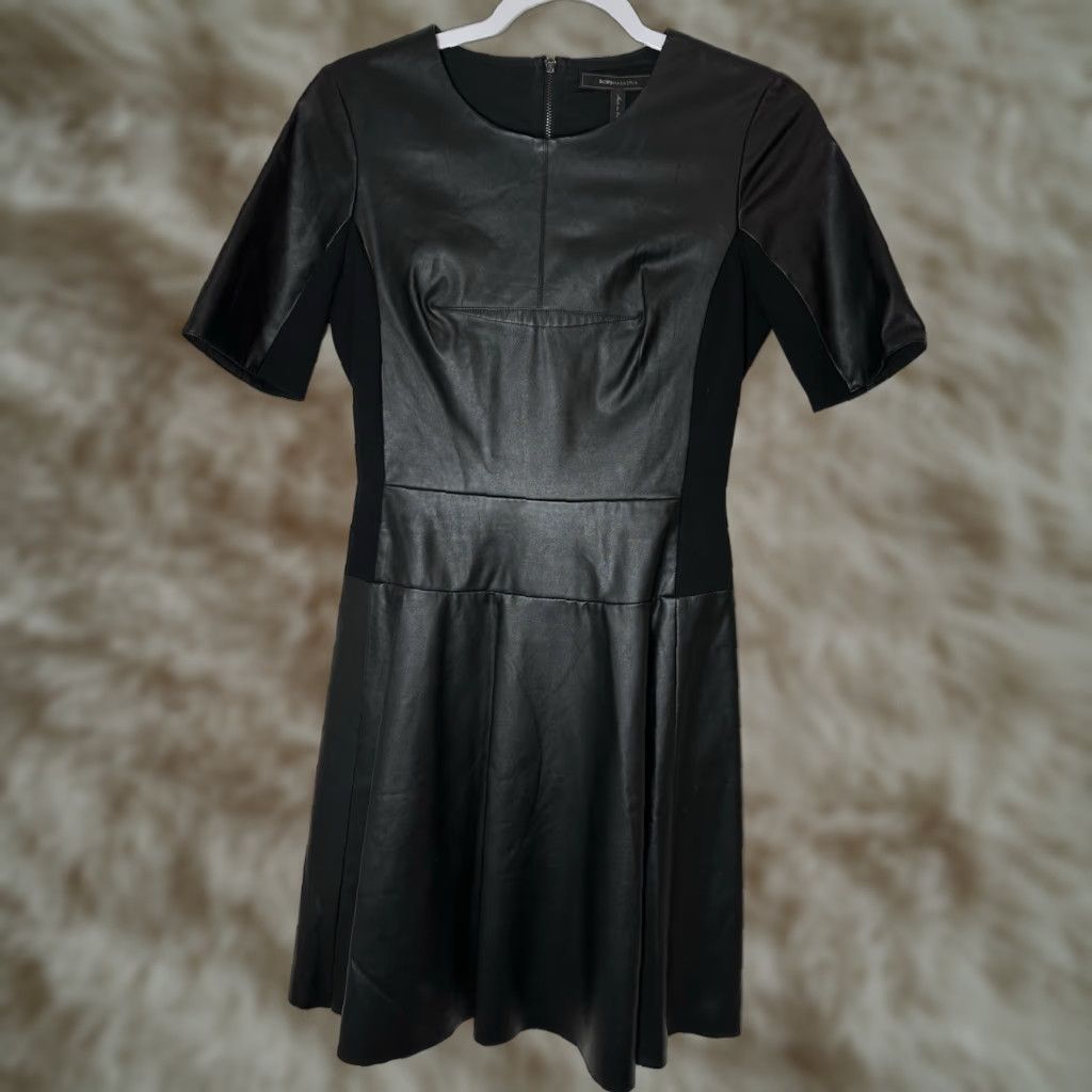 BCBGeneration BCBGeneration Black Dress Faux Leather Short Sleeve Dress Size 04 4 Cap Sleeve Round Neck Zip Party/Cocktail Women Sheath Vintage No Size 27" / US 4 / IT 40 - 1 Thumbnail