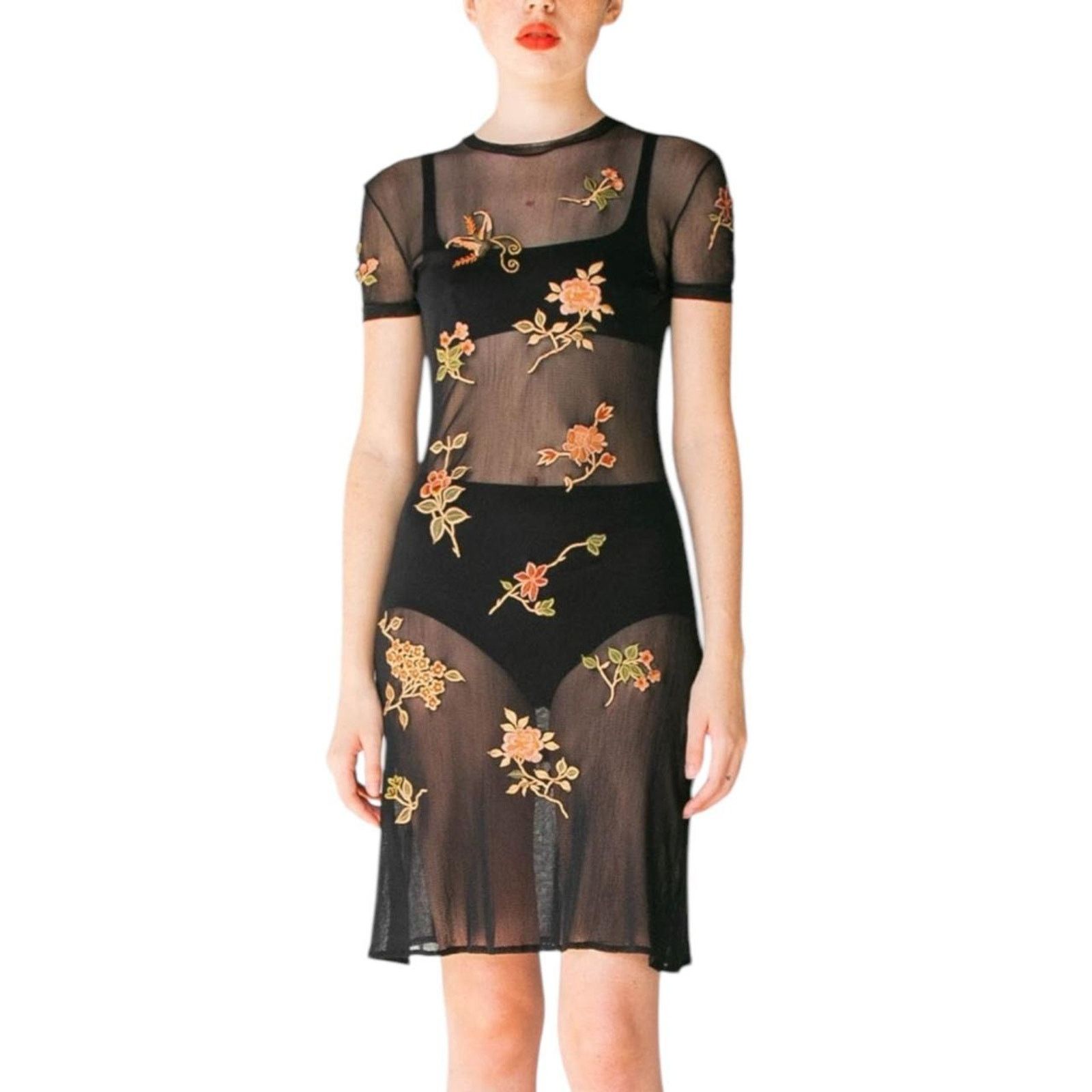 RARE VTG 90s Y2K Vivienne Tam black micro mesh floral dress