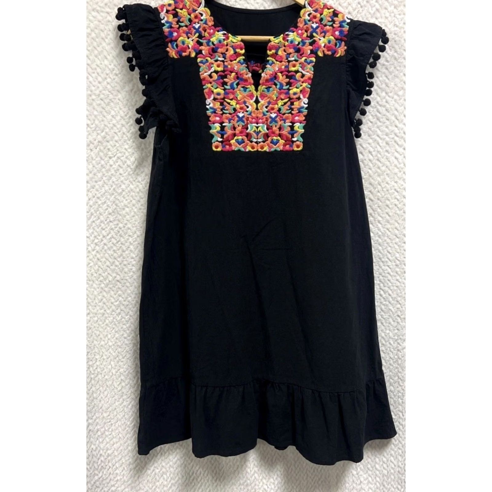 Vintage VINTAGE Boho Embroidered Shift Dress XL 12 Pom Pom Flutter Sleeve Mini Bohemian Festival Size XL / US 12-14 / IT 48-50 - 2 Thumbnail