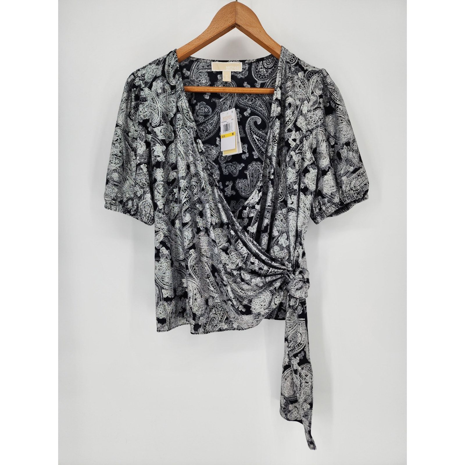 Michael Kors Michael Michael Kors Black & Silver Faux Wrap Blouse Size M Size M / US 6-8 / IT 42-44 - 5 Thumbnail