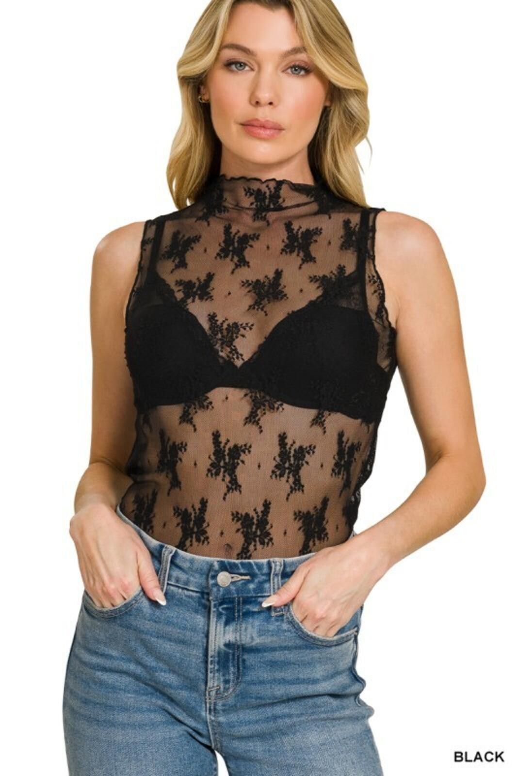 The Unbranded Brand Black Sheer Floral Lace Sleeveless Top Size S / US 4 / IT 40 - 1 Preview