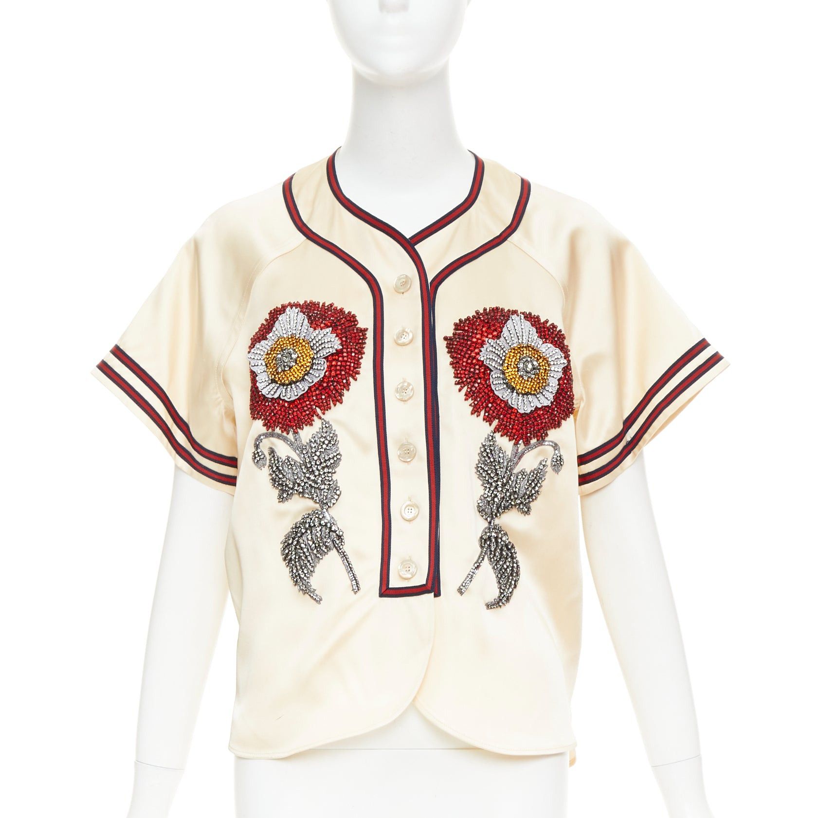Gucci rare GUCCI 2016 Runway Crystal Rhinestone encrusted flower Loved baseball shirt IT38 XS Size XS / US 0-2 / IT 36-38 - 1 Thumbnail