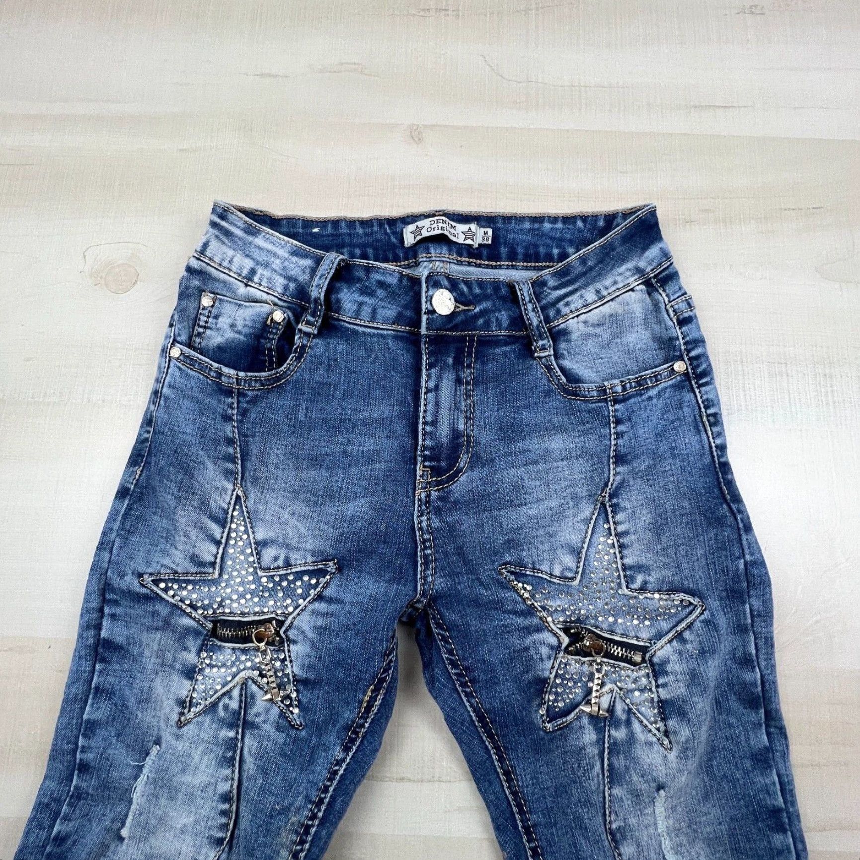 Vintage Denim Original Womens Skinny Jeans Blue Medium 25" Waist Stretch Star Embellishment Size 32" / US 10 / IT 46 - 2 Thumbnail