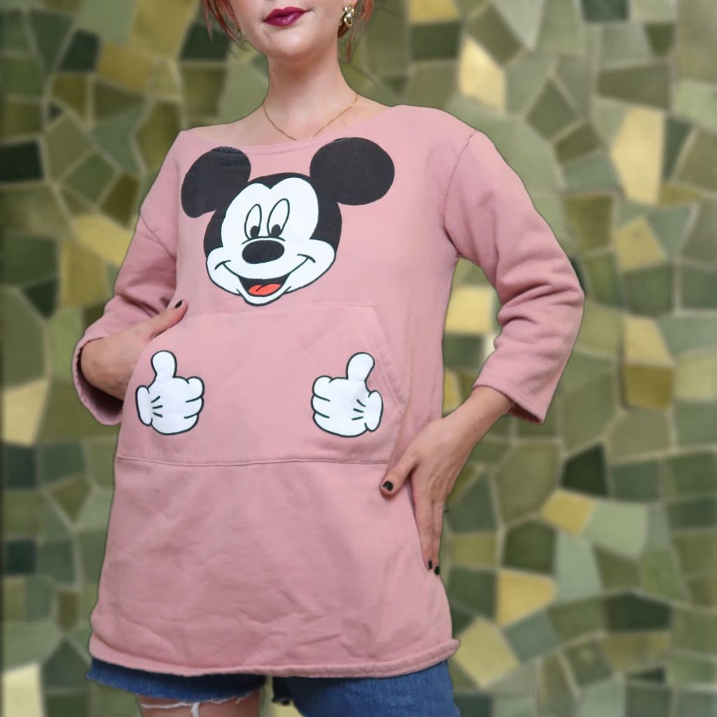 Disney VINTAGE Mickey Mouse pink sweatshirt tunic Women L Pink Sweatshirt Pullover Kangaroo Pocket Disney Buttonless 29" Length Size L / US 10 / IT 46 - 1 Thumbnail