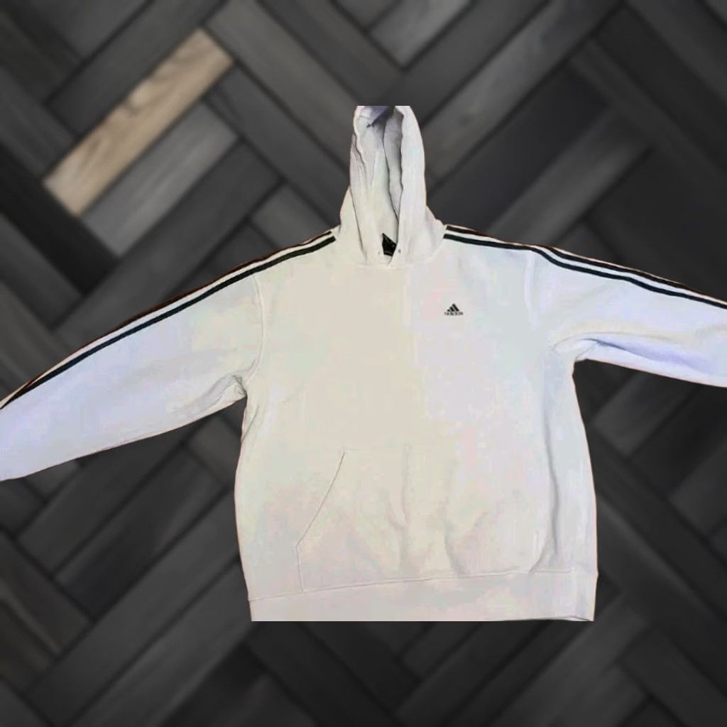 Adidas ADIDAS Hoodie Sweatshirt Mens Size L White Striped Sleeves Pullover Hooded Size US L / EU 52-54 / 3 - 1 Thumbnail