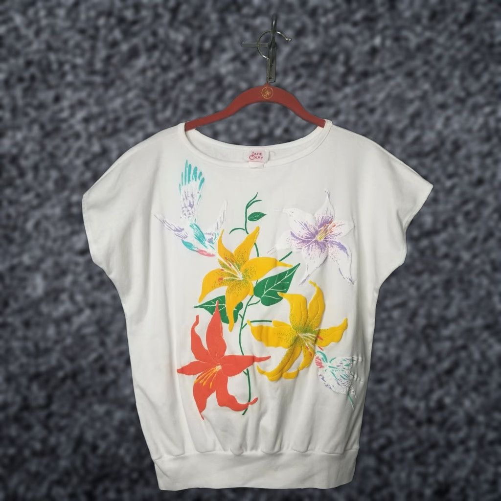 Vintage VINTAGE Jane Colby T-Shirt 1980s Womens M Cotton Blend Floral Hummingbird White Casual Graphic Size M / US 6-8 / IT 42-44 - 1 Thumbnail
