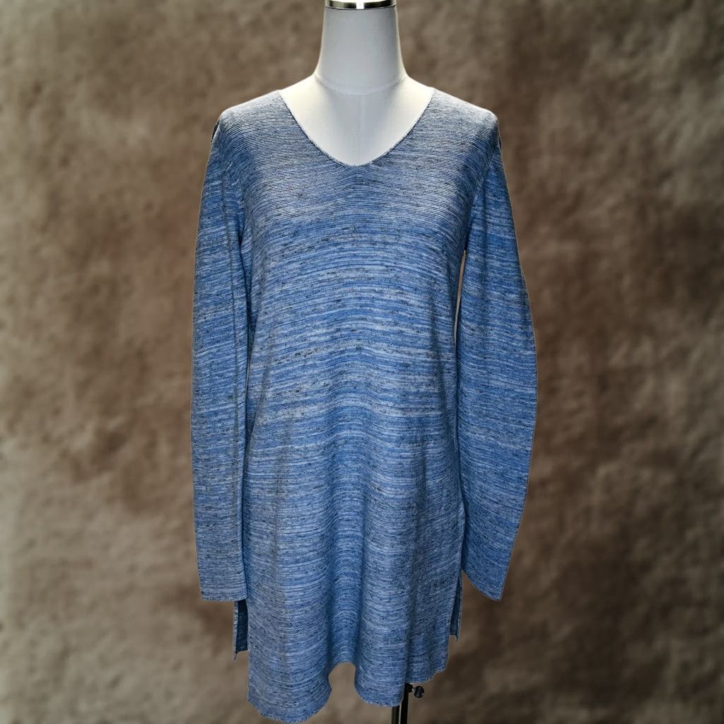 J. Jill J. Jill Tunic Sweater Top S Cotton Linen Modal Rayon Striped Blue V-Neck Long Sleeve Knit Relaxed Casual Womens Size S / US 4 / IT 40 - 1 Thumbnail