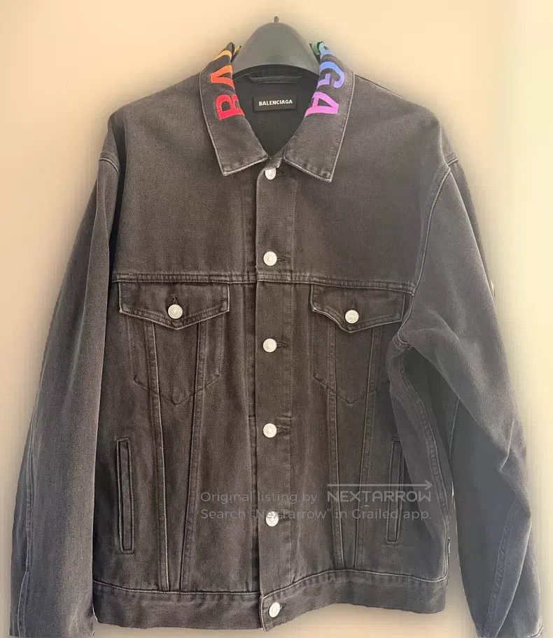 Balenciaga Balenciaga Black Denim Jacket with Rainbow Collar Embroide Size US S / EU 44-46 / 1 - 1 Thumbnail