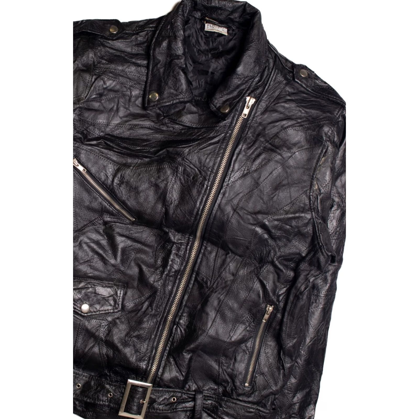 X-LARGE VINTAGE Flight Path Patchwork Motorcycle Jacket Black XX-Large Leather Biker Size US XXL / EU 58 / 5 - 2 Thumbnail