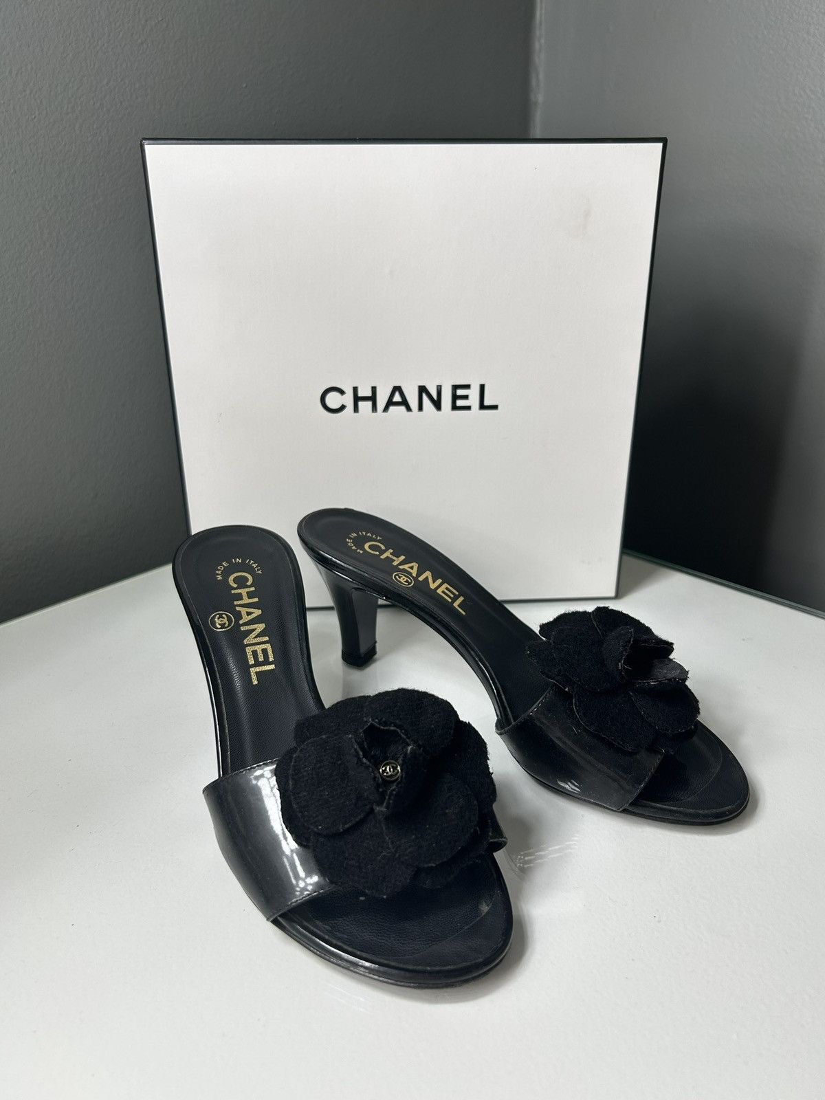 Chanel Chanel Black Camellia Embellished Peep Toe Heels size 34 1/2 Size US 4.5 / IT 34.5 - 1 Thumbnail