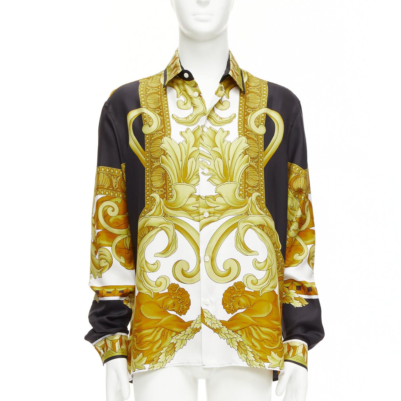 image of Versace 100% Silk Renaissance Barocco Gold Black White Print Shirt It52 Xl, Men's