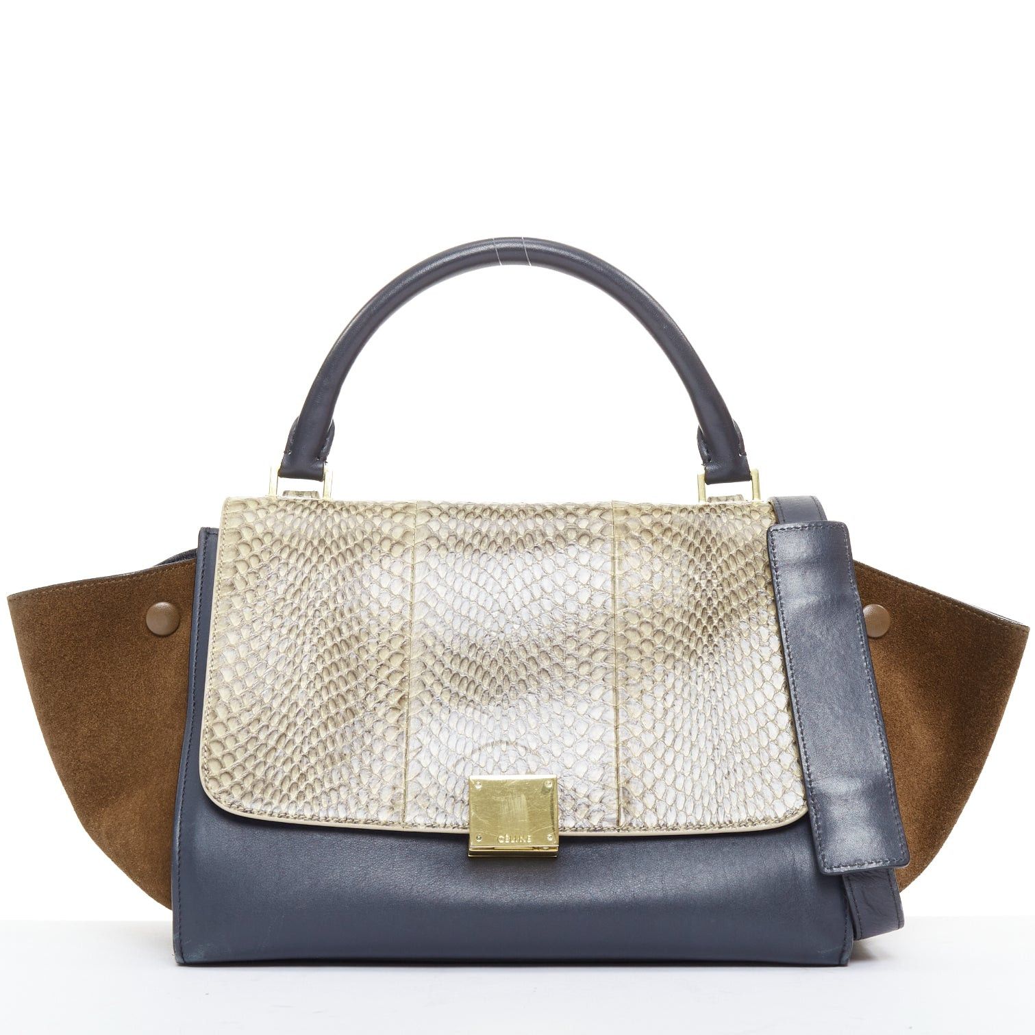 Celine CELINE Trapeze beige scaled leather flap navy brown gold hardware bag Size ONE SIZE - 1 Thumbnail