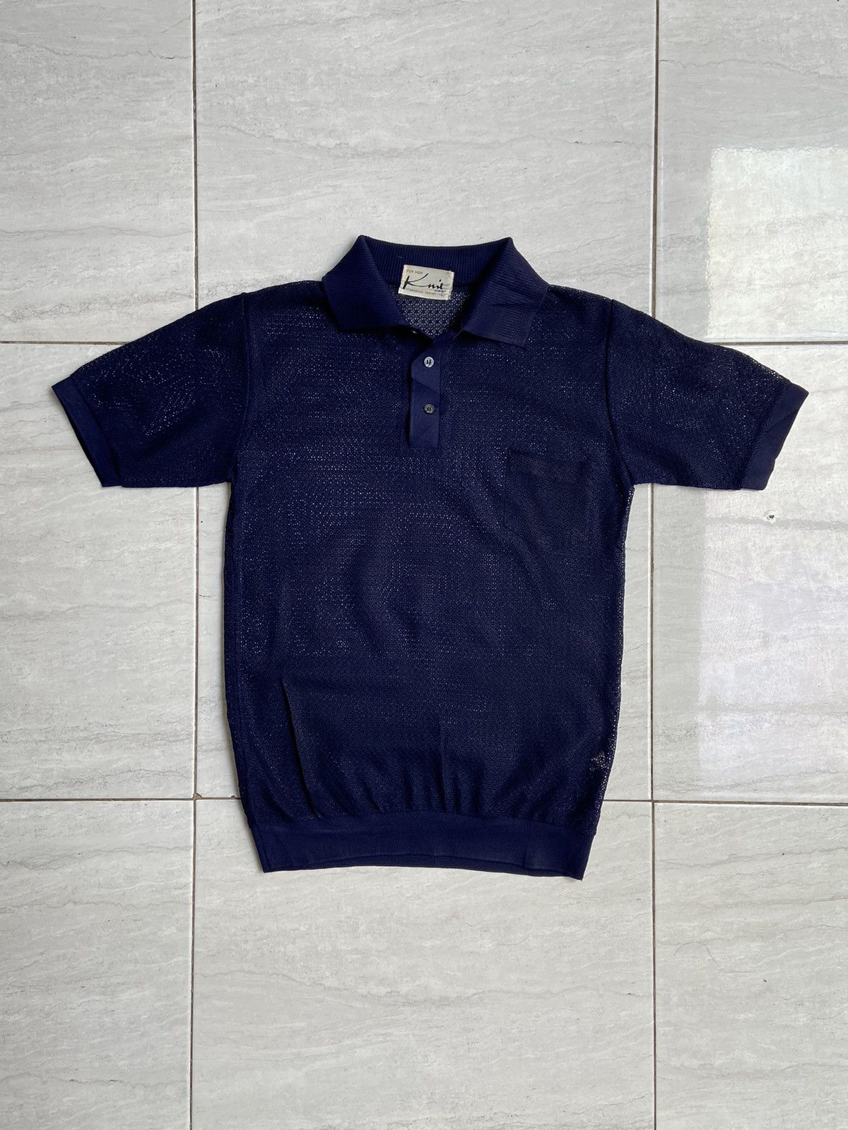 image of Yohji Yamamoto Knit Wear For Men Navy Mesh T-Shirt (Size Medium)