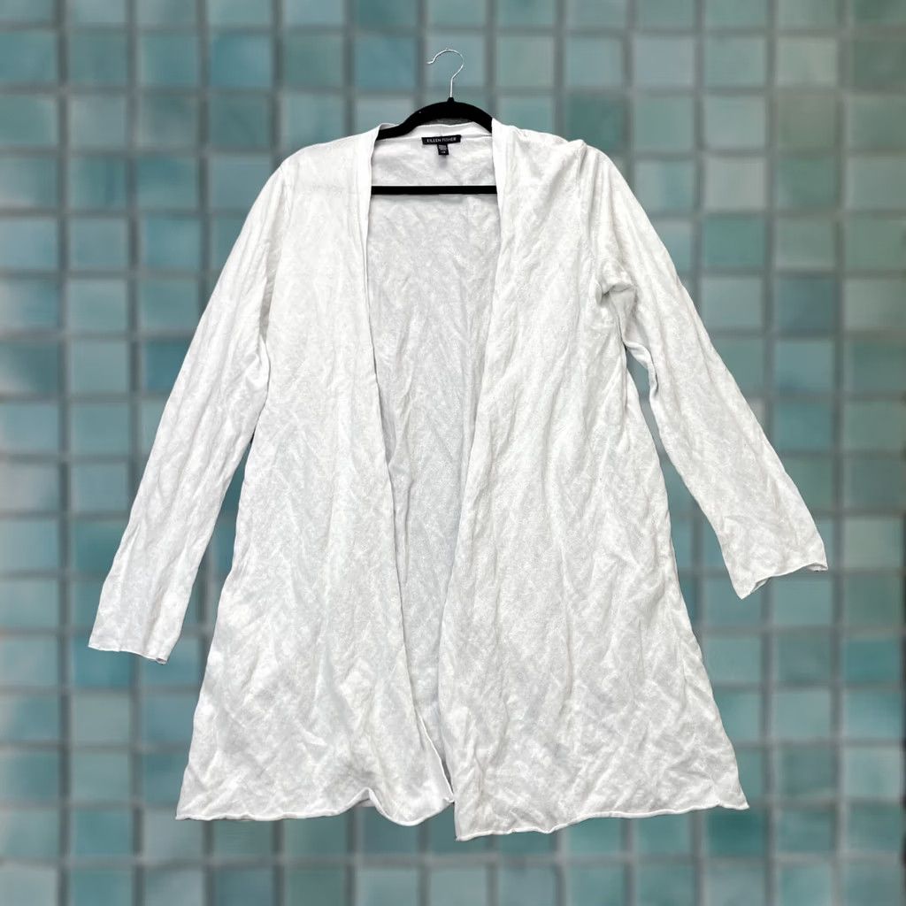Eileen Fisher VINTAGE Eileen Fisher Cardigan Sweater Womens L White Lyocell Open Front Tight Knit Long Sleeve Collared Knit Ballpark? Size L / US 10 / IT 46 - 1 Thumbnail