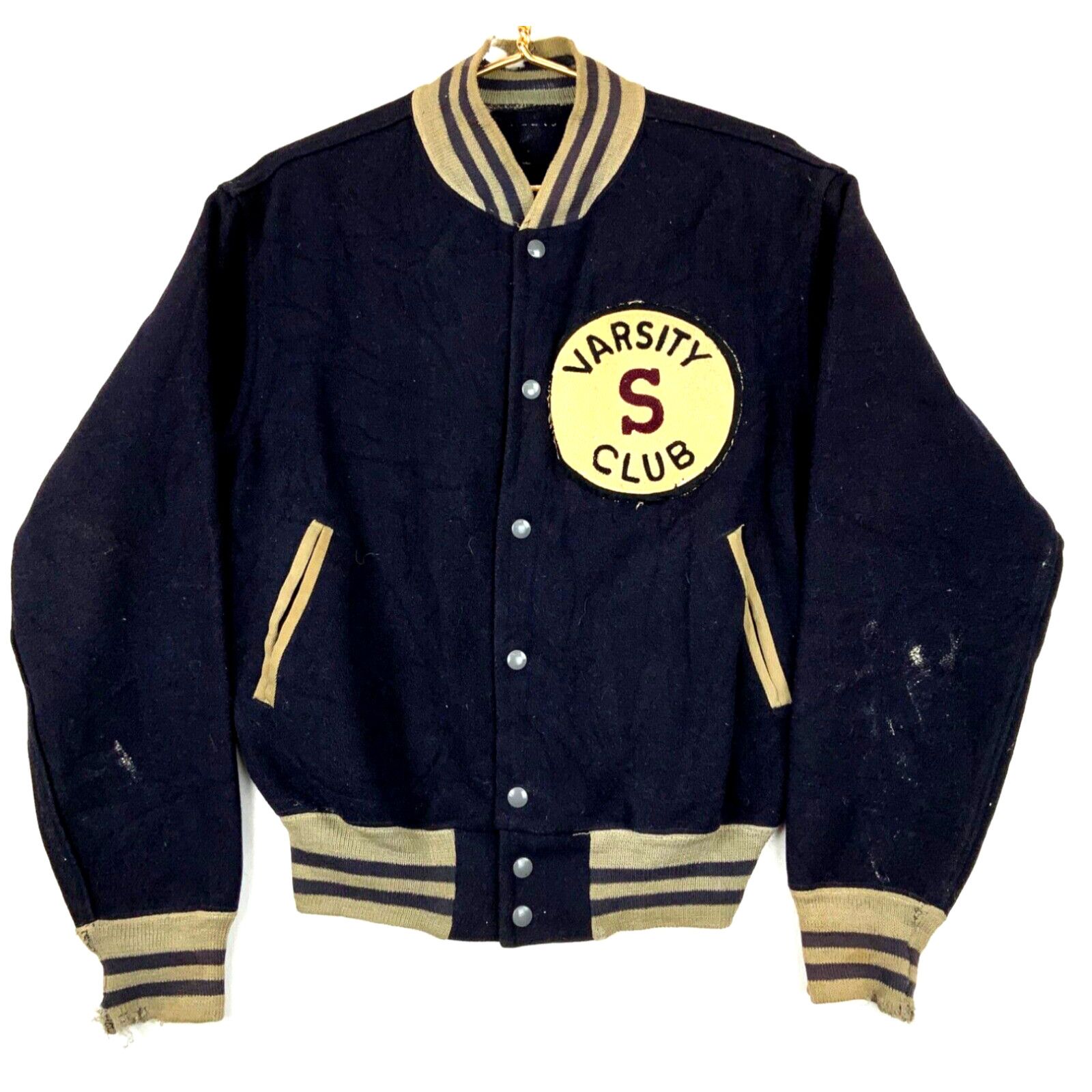 Image of Vintage 30S 40S Varsity S Club Wool Varsity Bomber Jacket Small Blue Distressed in White, Men's