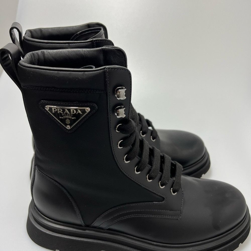 Prada Prada 40 Logo Leather & Nylon Lug-Sole Combat Boots Black Me Size US 8 / EU 41 - 6 Thumbnail