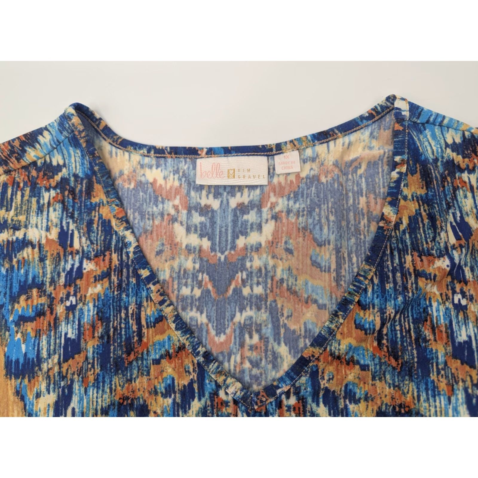 Vintage Belle by Kim Gravel Blouse 1X Blue Orange Bohemian Print V-Neck 3/4 Sleeve Shirt Womens Size XL / US 12-14 / IT 48-50 - 7 Thumbnail