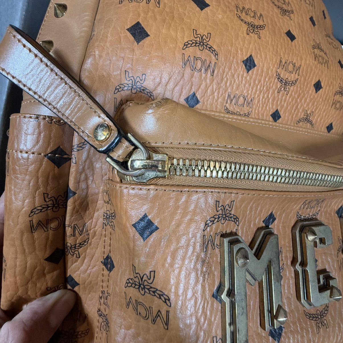 MCM MCM Visetos Studded Medium Stark M Logo Backpack Cognac Size ONE SIZE - 13 Thumbnail