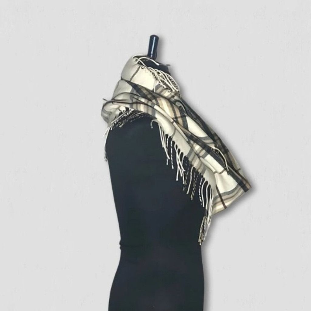 Van Heusen Fringe Scarf Infinity Style Plaid Pattern Cream/Beige OS Size ONE SIZE - 3 Thumbnail
