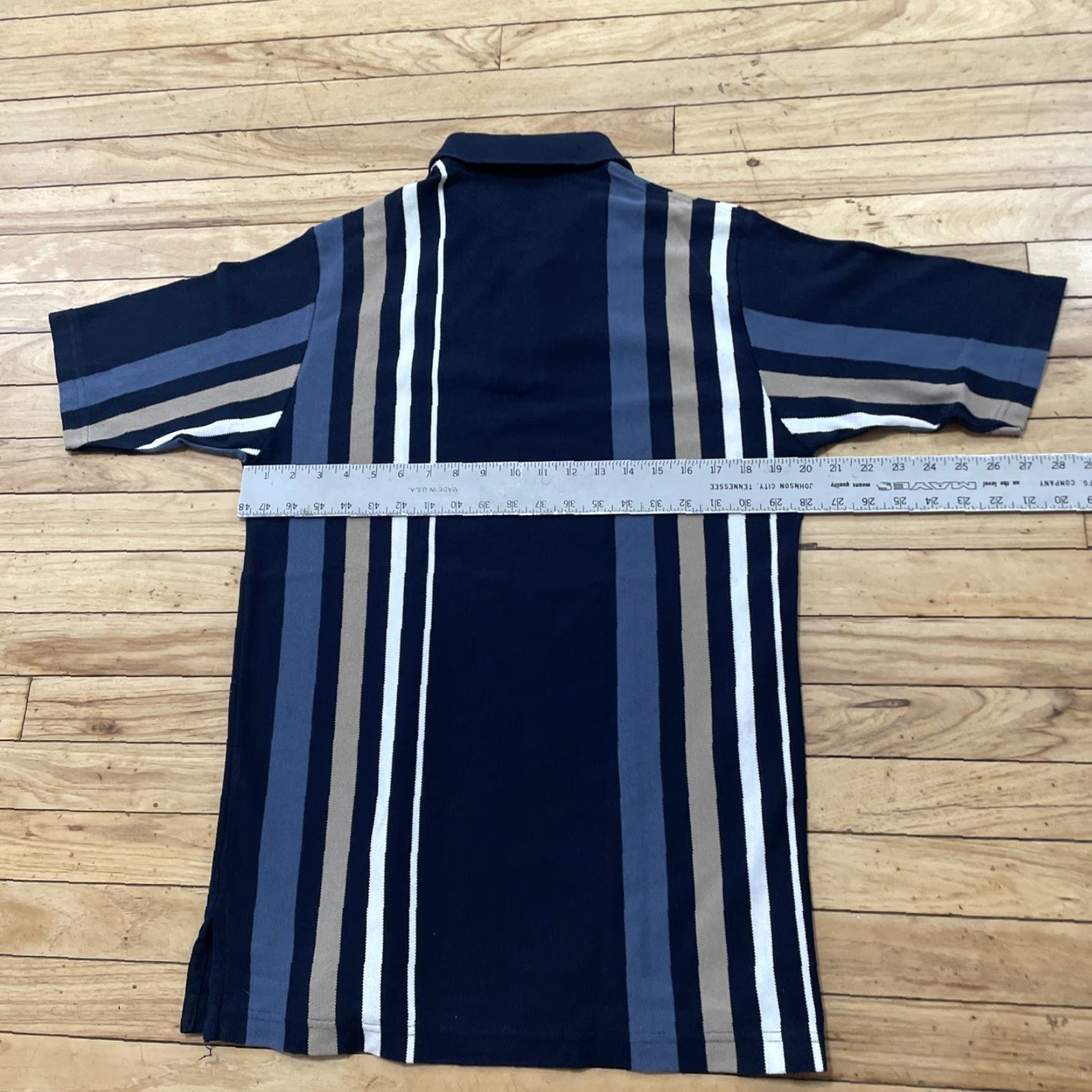 Vintage vtg CROSSOVER Knit Polo Shirt Men M Blue Tan Vertical Stripe Retro 60s 70s Sport Size US M / EU 48-50 / 2 - 7 Thumbnail