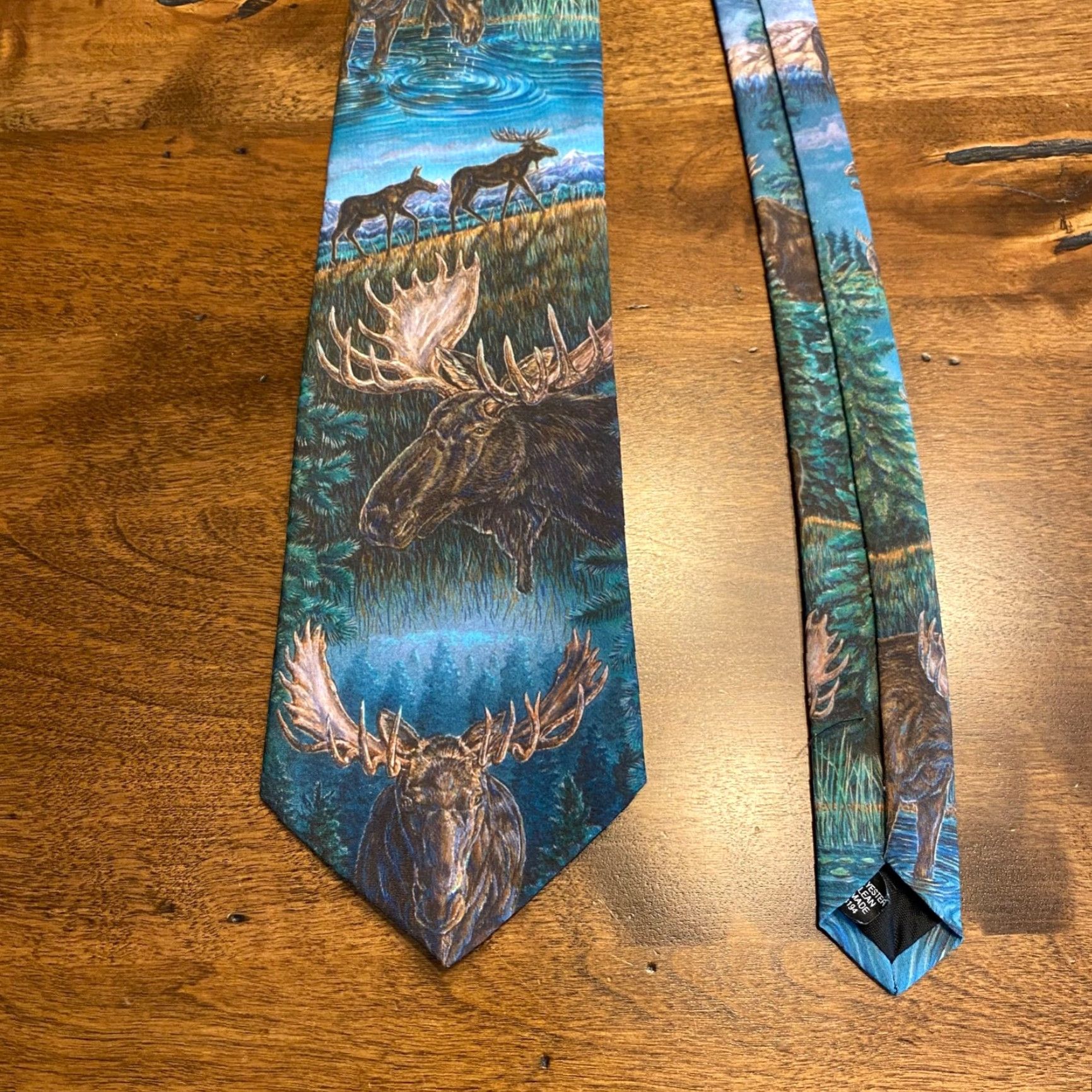 Vintage D'em Crazy Moose Woodland Lake Scene Neck Tie 3.6" Wide - Blue Polyester Men's Tie Size ONE SIZE - 2 Thumbnail