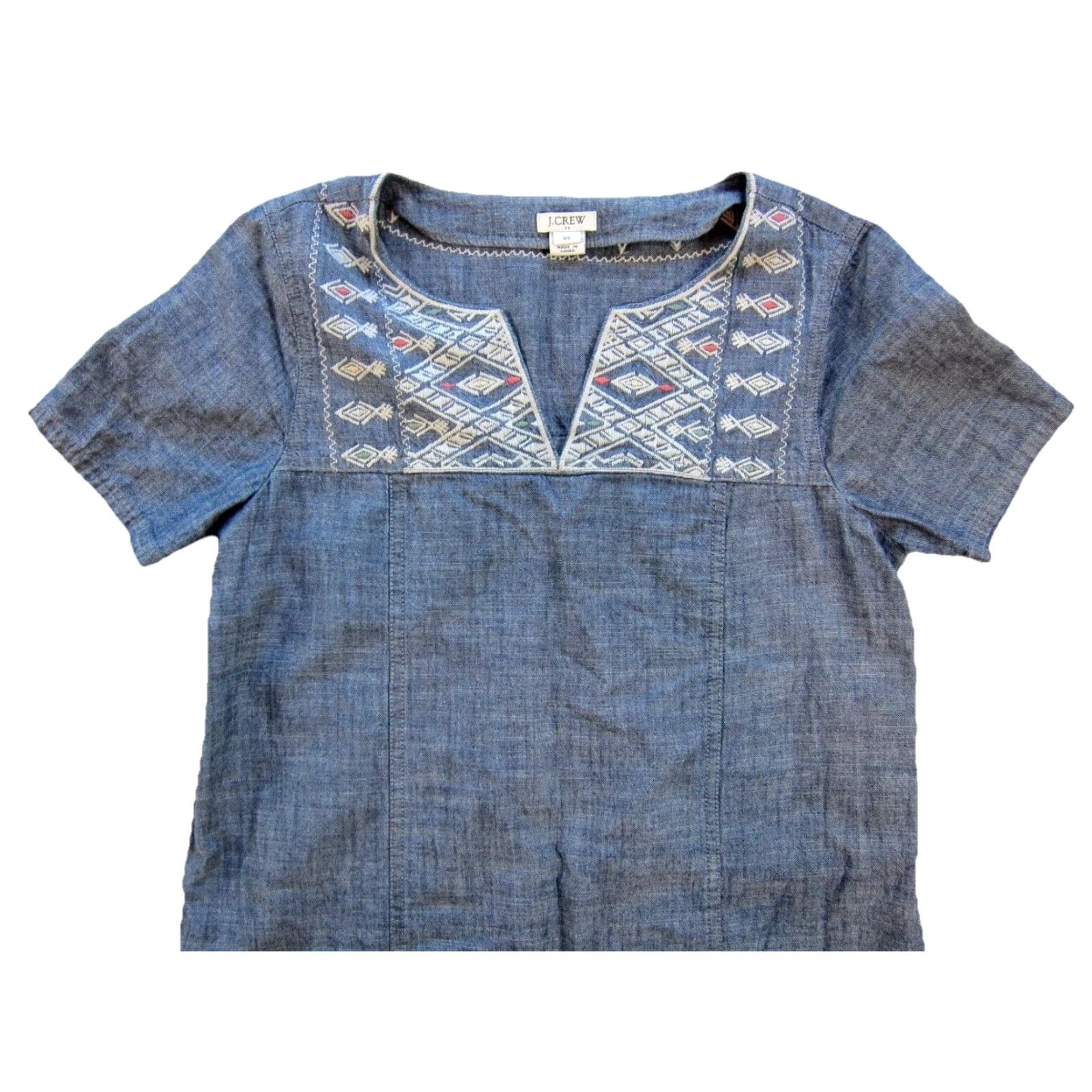 J.Crew VINTAGE J.Crew 100% Cotton Blue Embroidered Short Sleeve V-Neck Tunic Shift Dress XS Size 26" / US 2 / IT 38 - 5 Thumbnail