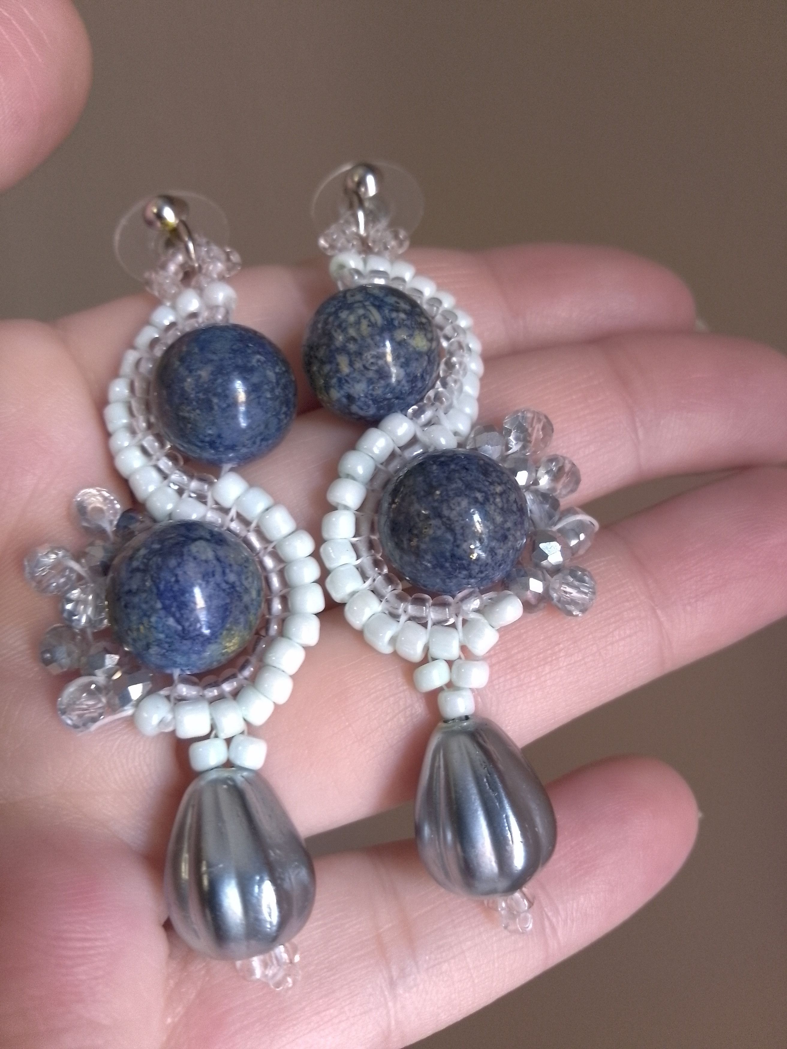 Handmade Earrings with Lapis lazuli gemstones and resin teardrop Size ONE SIZE - 3 Thumbnail