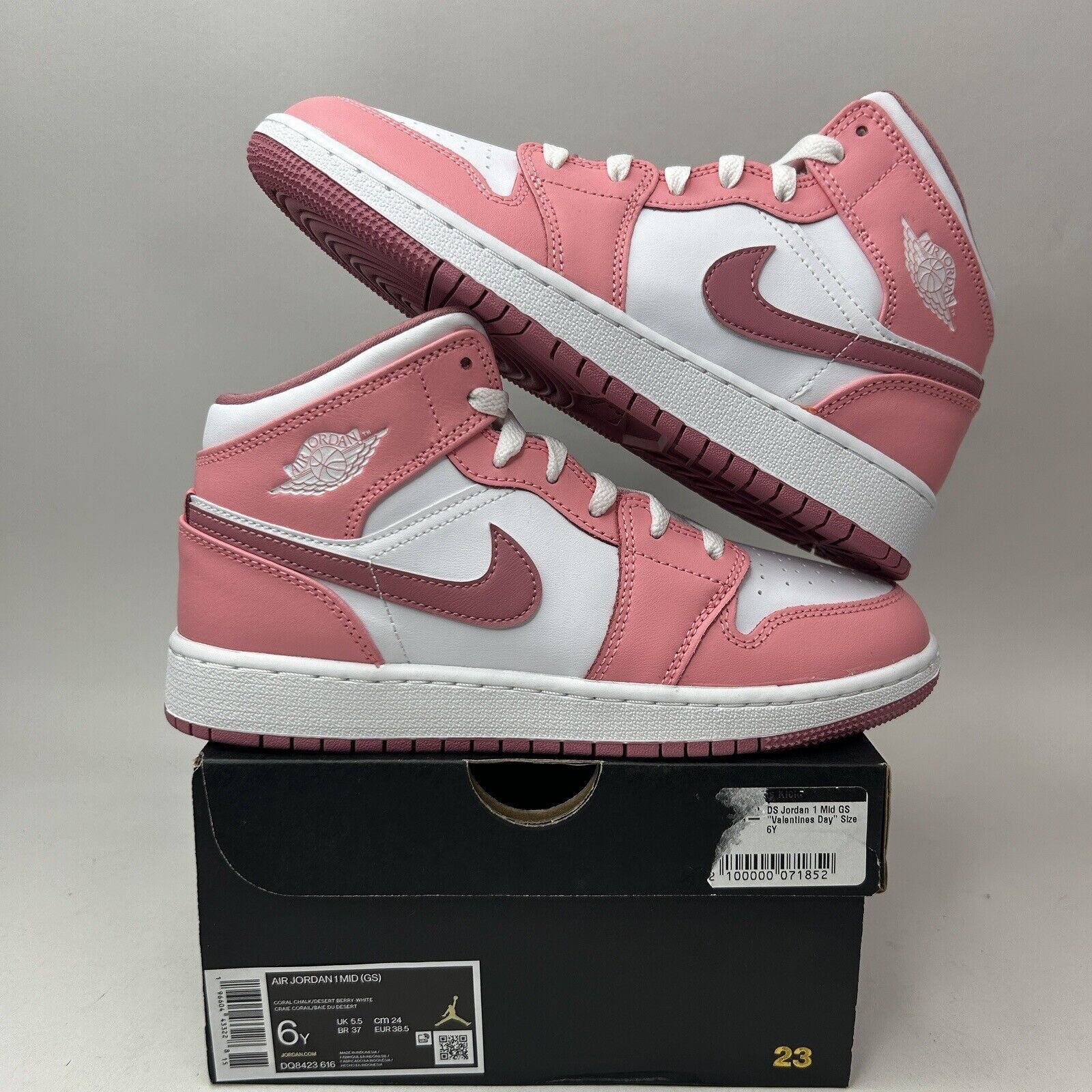 Nike Nike Air Jordan 1 Retro Mid GS “Valentines Day/Coral Pink” Size US 7.5 / IT 37.5 - 1 Thumbnail