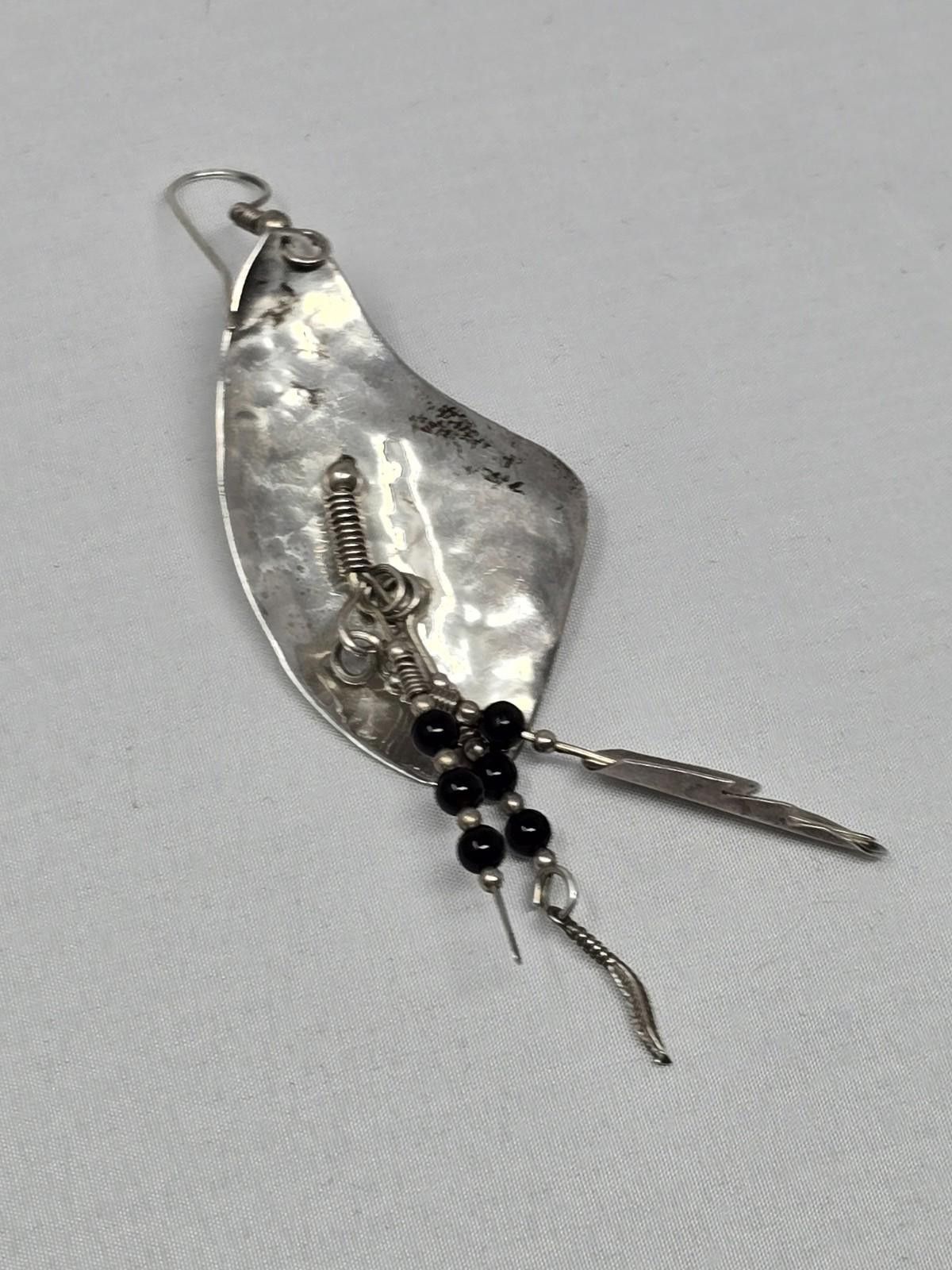 Native Handmade Sterling Silver Feather Dangle Earrings- HEAVY Size ONE SIZE - 3 Thumbnail
