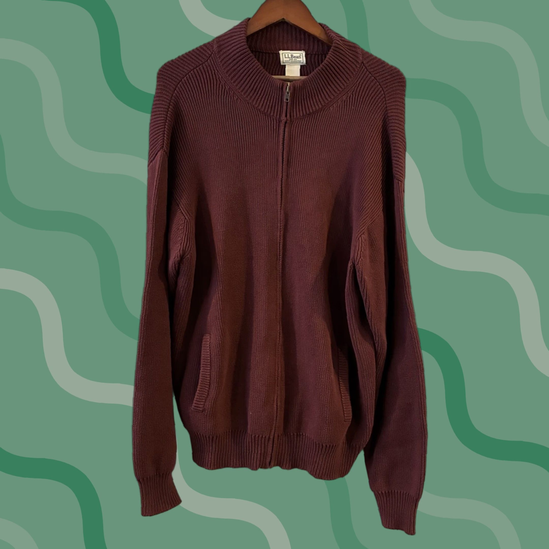 Vintage L.L. Bean Sweater Mens XL Burgundy Full Zip Mock Neck Cotton Pockets Zipper Heavyweight Knit Size US XL / EU 56 / 4 - 1 Thumbnail