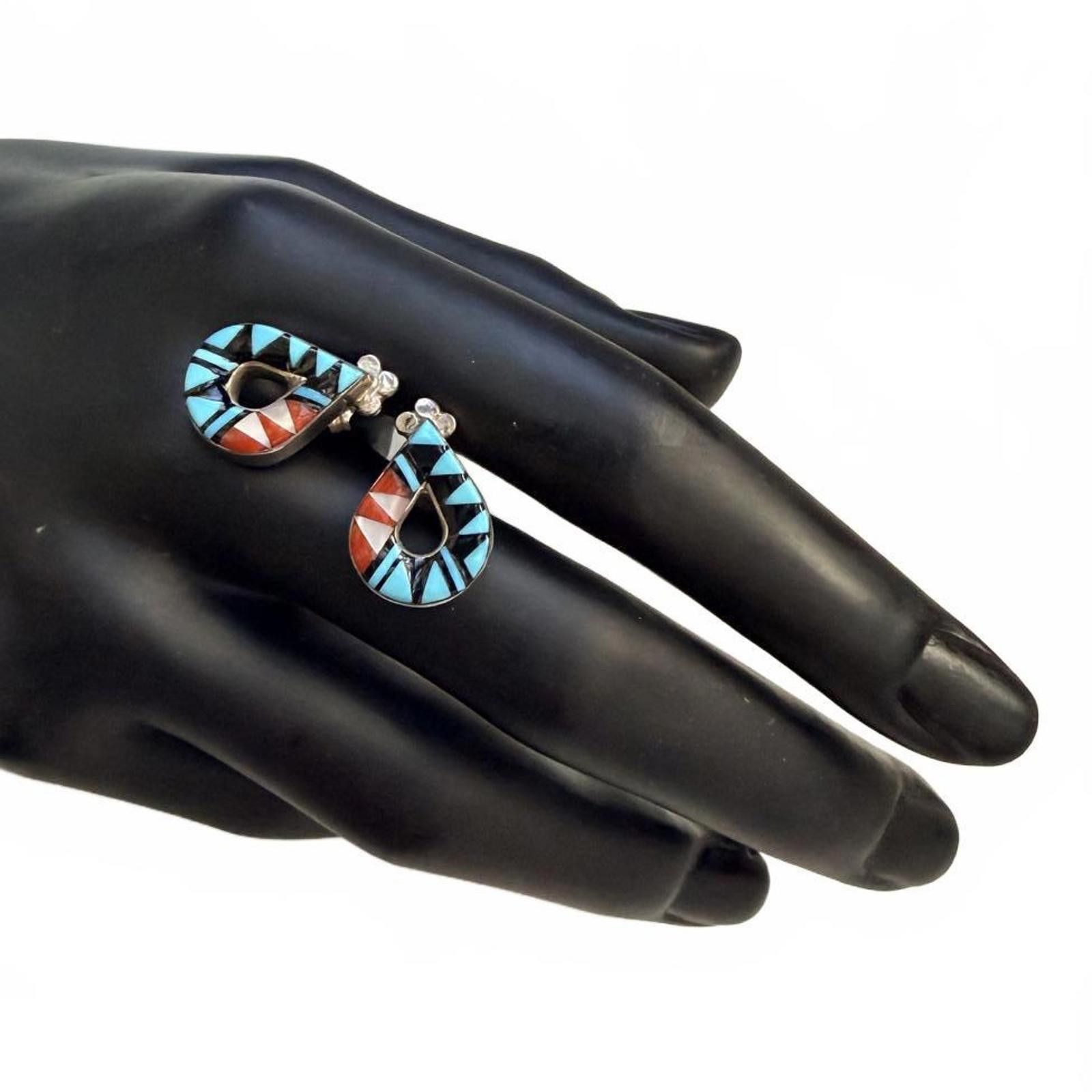 Vintage VTG LAAHTY Zuni Handmade Turquoise Silver 925 Inlay Earrings Size ONE SIZE - 3 Thumbnail