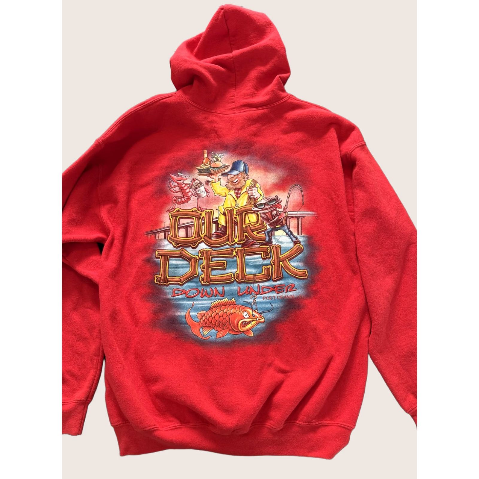 Gildan Hoodie Mens Large Red Full Zip Graphic Port Orange FL Fishing Our Deck Down Under Size US L / EU 52-54 / 3 - 1 Thumbnail