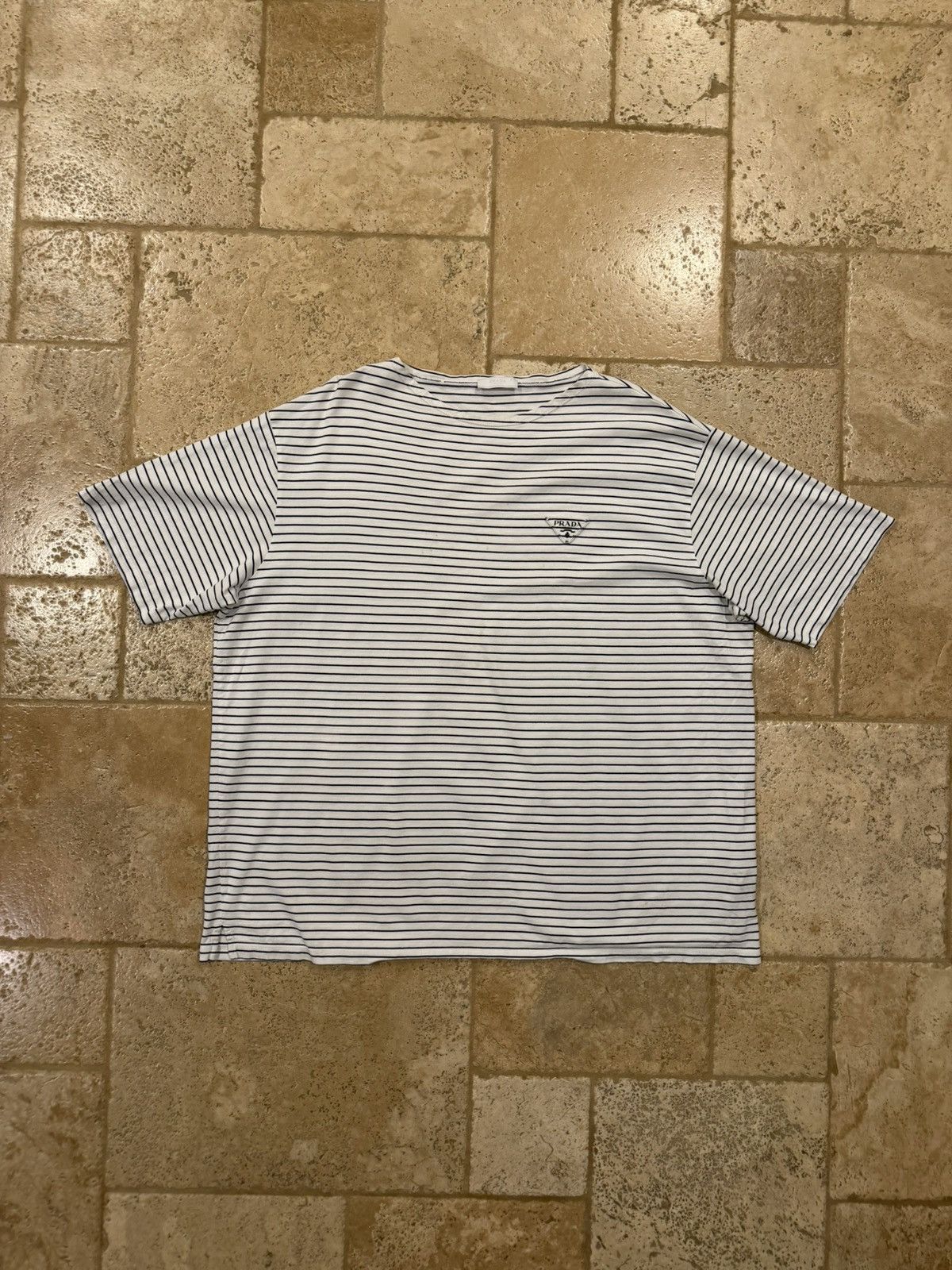 Prada Prada Striped Navy White Cotton Triangle Logo T-Shirt Size US XXL / EU 58 / 5 - 5 Thumbnail