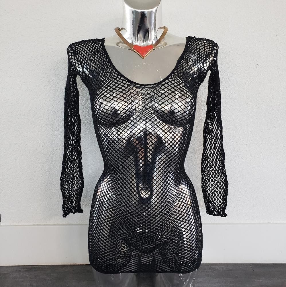 Designer Black Body Stocking Fishnet Long Sleeve Mini Size ONE SIZE - 1 Thumbnail