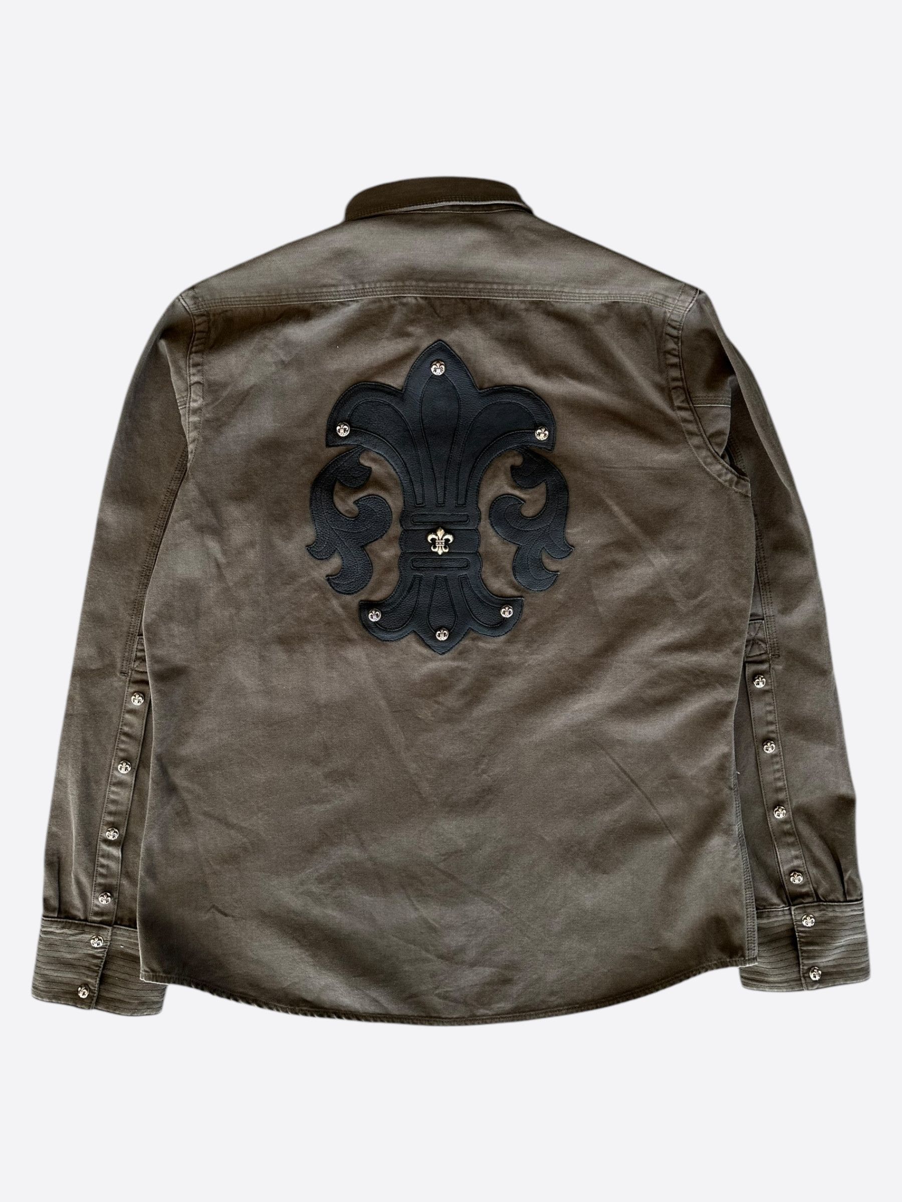最終値下げCHROME HEARTS FLEUR DRESS SHIRT Chrome Hearts Olive & Black Leather Fleur Patch Button Up Shirt